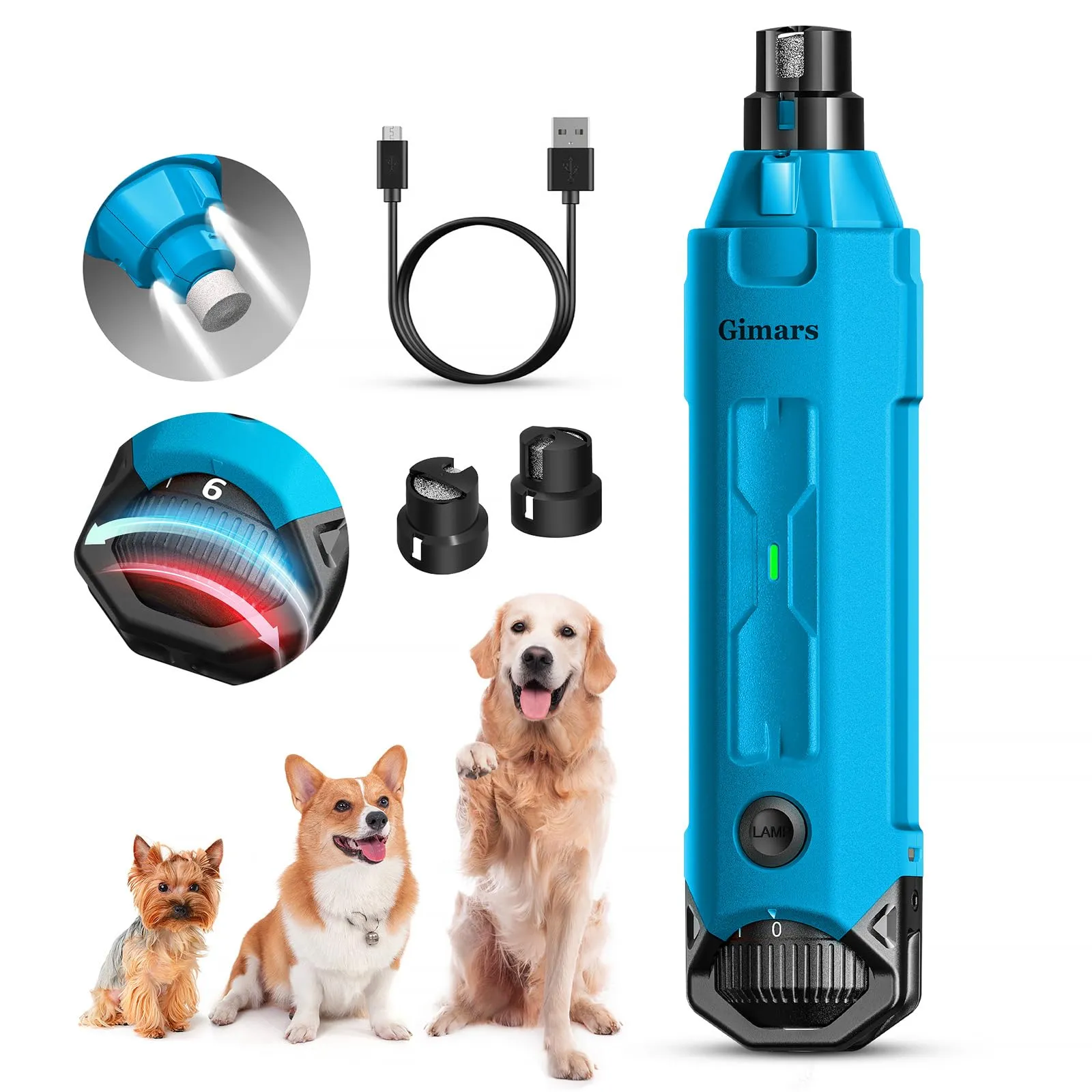 Gimars Lima Unghie Cani 6 velocità Tagliaunghie per Cani Elettrico Tagliaunghie Unghie Cani con Luce LED Ricaricabile Lima per Unghie Cane per Animali con USB 3 Porte,Blu