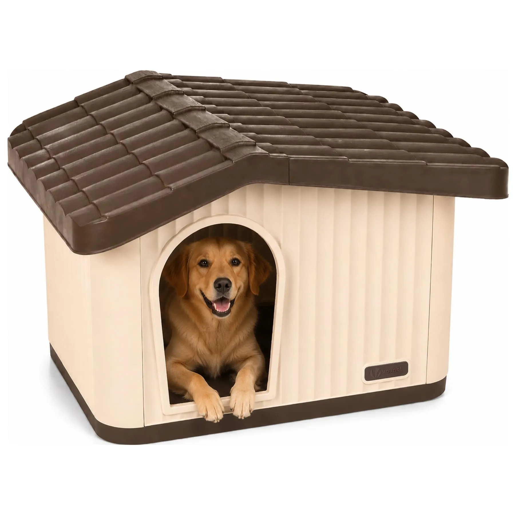 VOUNOT® Cuccia per Gatti e Cani Impermeabile con Tetto Inclinato, Casetta per Gatti da Esterno Aerazione e Piedini Antiscivolo, Cucce Confortevole per Gatto Cane o Coniglio, 75x63x51 cm, Beige