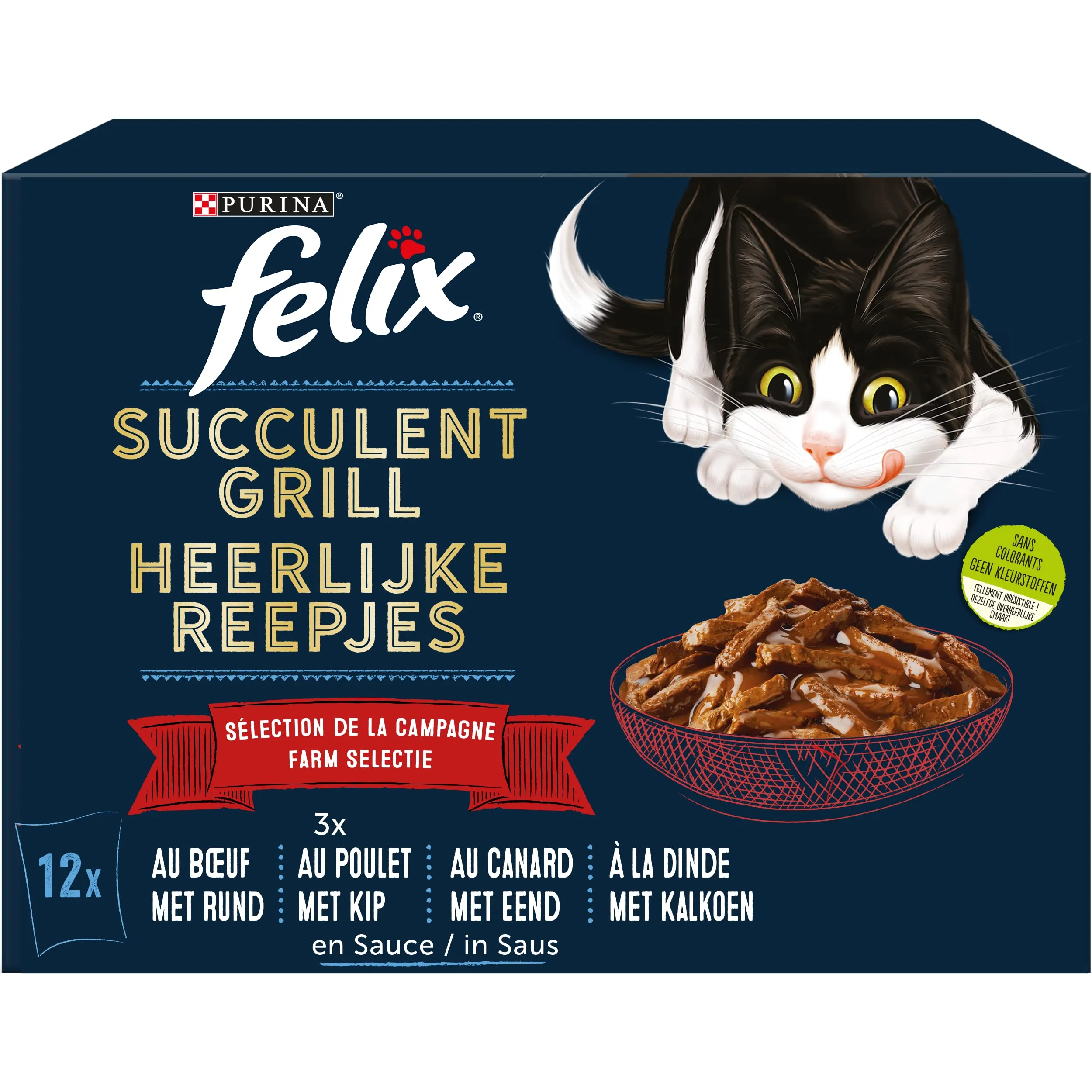 FELIX | SUCCULENT GRILL | Gatto adulto | Selezione della campagna in salsa: manzo, pollo, anatra, tacchino | Alimento umido 100% completo ed equilibrato | Bustine fresche | Confezione da 72 x 80 g
