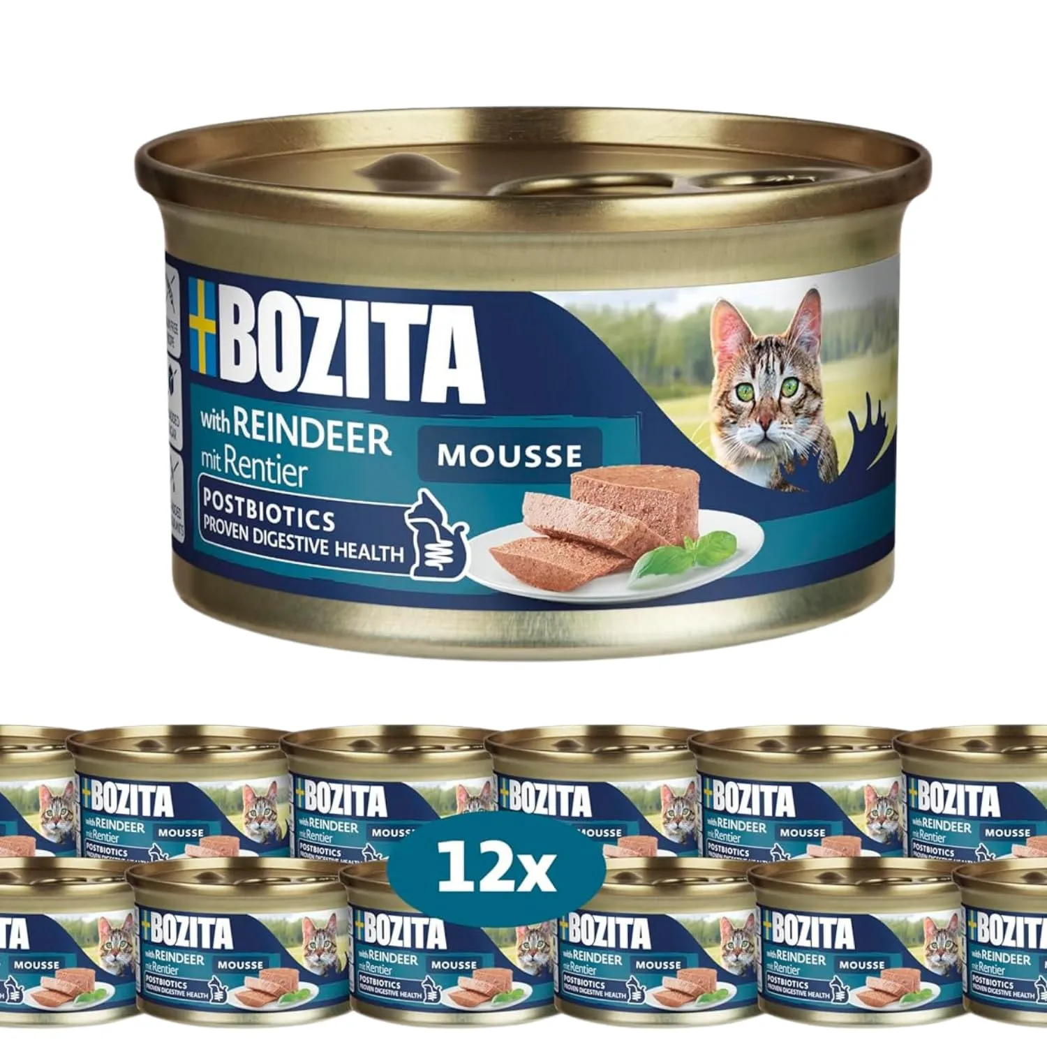 Bozita Mousse renna – 12 x 85 g di cibo umido per gatti con texture di mousse fine con renna – formula senza cereali, senza zuccheri aggiunti e coloranti – con postbiotici per sostenere la microflora