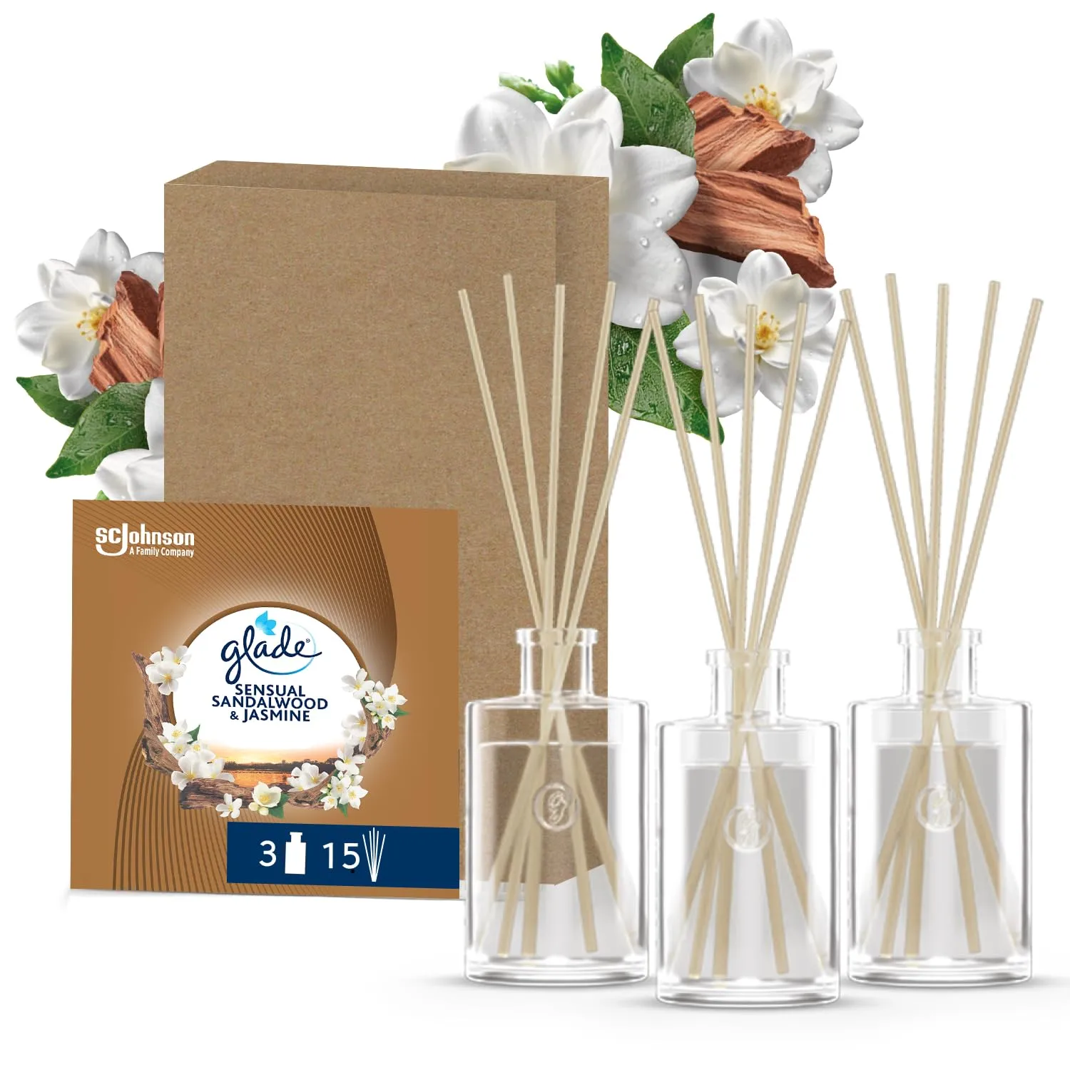 Glade Diffusore a Bastoncini, Fragranza Sandalwood & Jasmine, (3x50 ml)