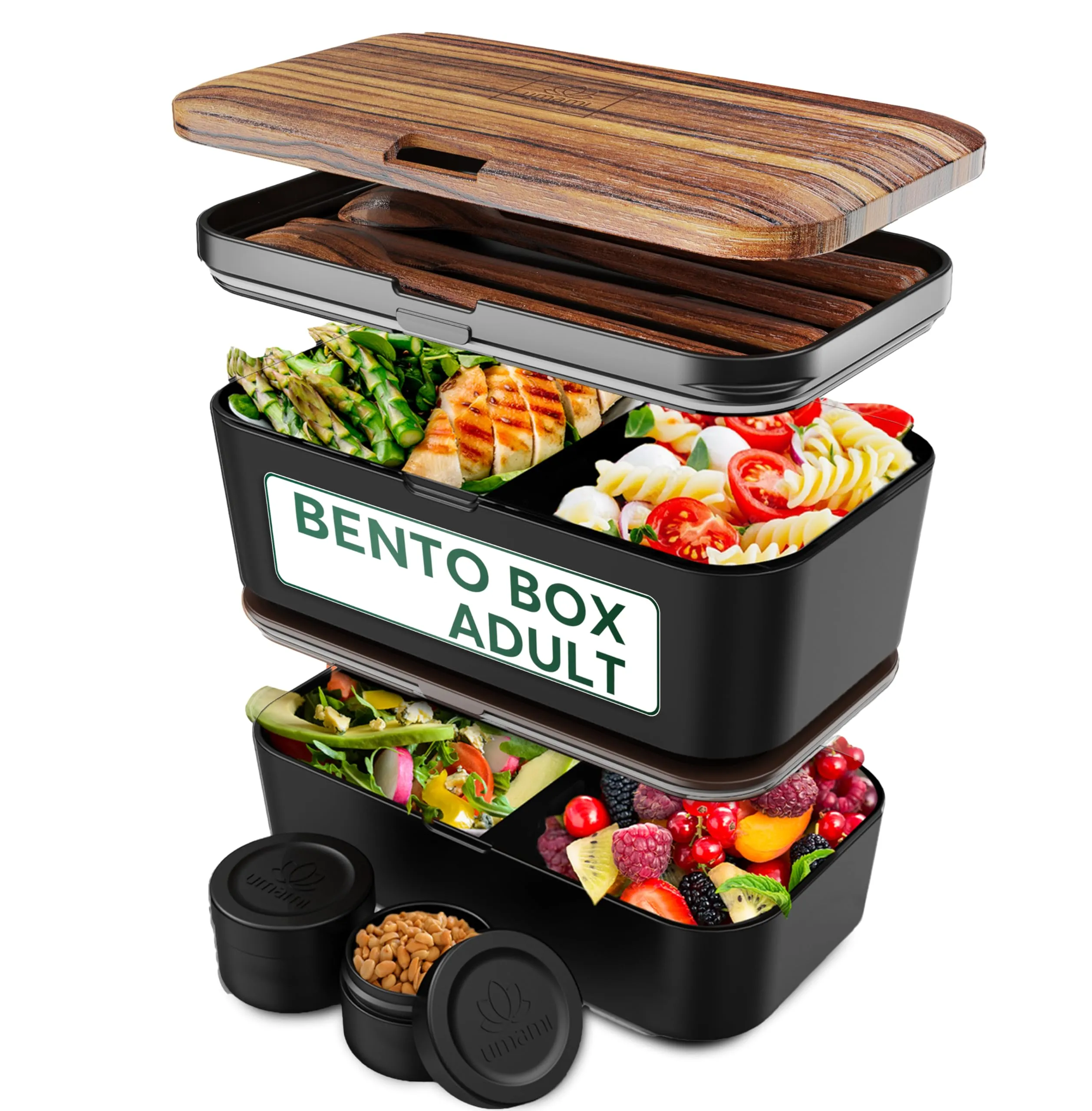 Umami Porta Pranzo Lunch Box Impilabile Con 4 Scomparti E Posate, Sicuro Per Microonde, Lavastoviglie, Portapranzo Ufficio, Bento Lunchbox Ermetico Per Adulti, Schiscetta Pranzo, Wengè Nero, 1500 ml
