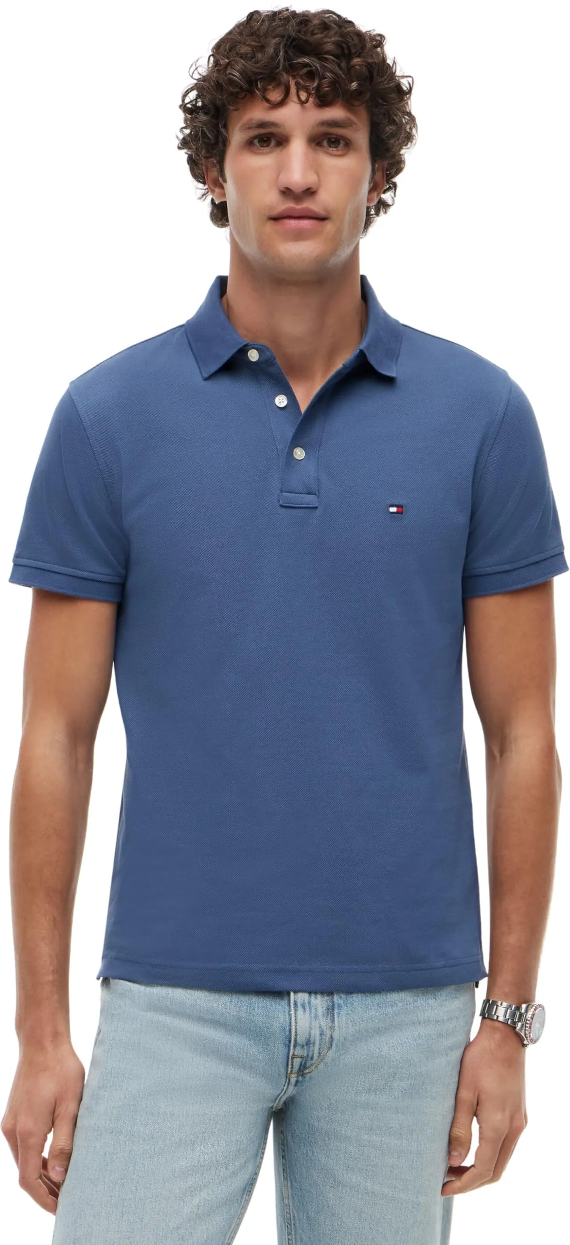 Tommy Hilfiger Uomo Maglietta Polo Maniche Corte Slim Fit con Chiusura con Bottoni, Blu (Aegean Sea), XXXL