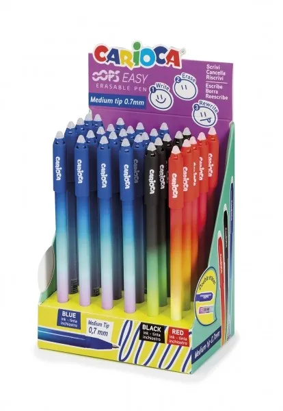 Espositore Carioca Oops Easy da 30 penne cancellabili - Inchiostro termosensibile - Corpo con effetto sfumato - Punta da 07 mm - Doppia gomma - Vari colori