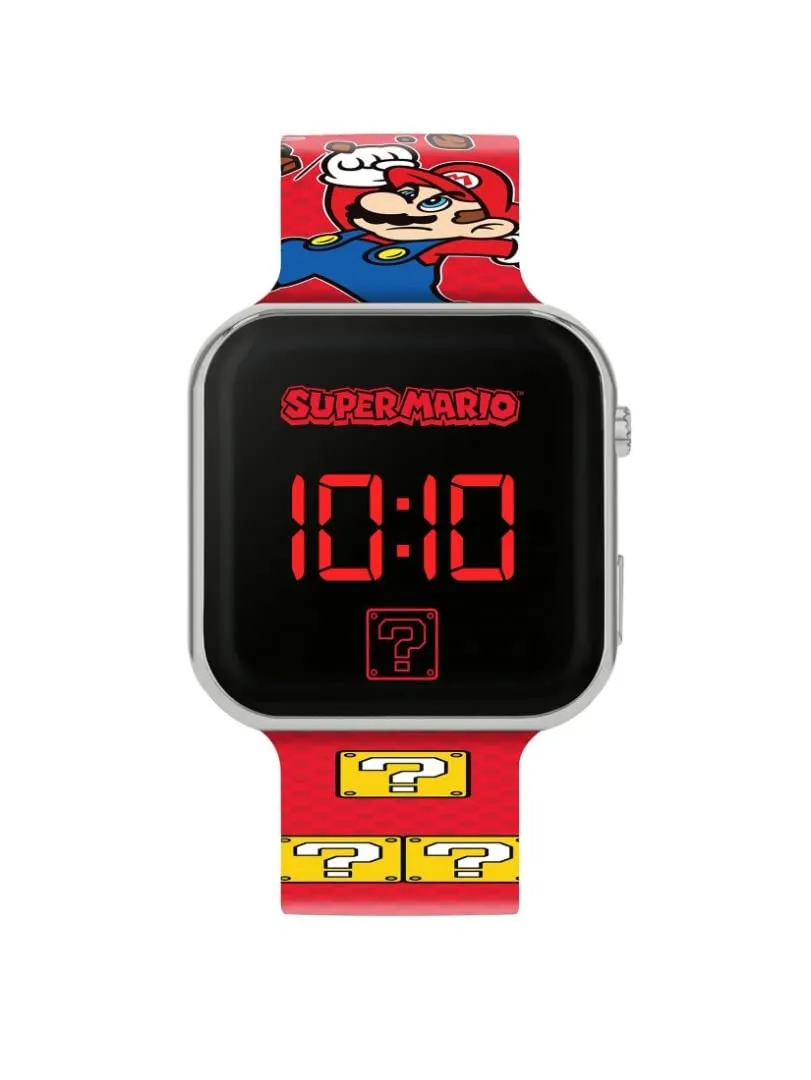 Accutime Orologio LED per bambini, grande display digitale a LED, cinturino regolabile, lunga durata della batteria, spegnimento automatico, per ragazzi e ragazze, Colore: rosso, Super Mario