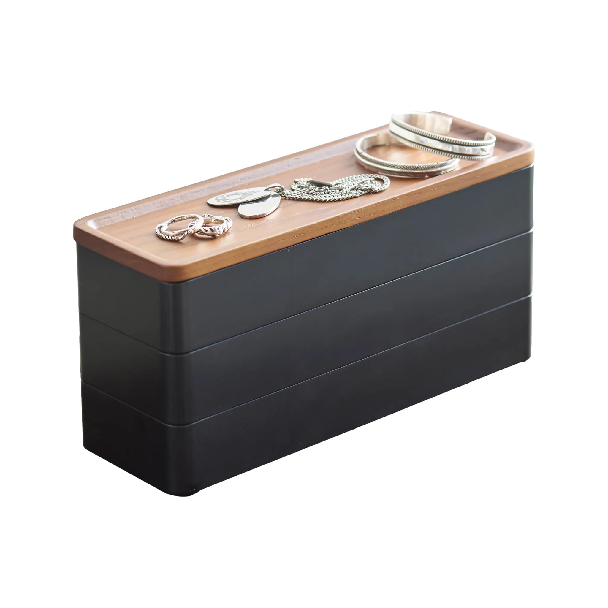YAMAZAKI 5810 RIN 3Tiered Slim Accessory Case with Lid, black, ABS Resin/Wood, 24 x 8 x 11.5 cm