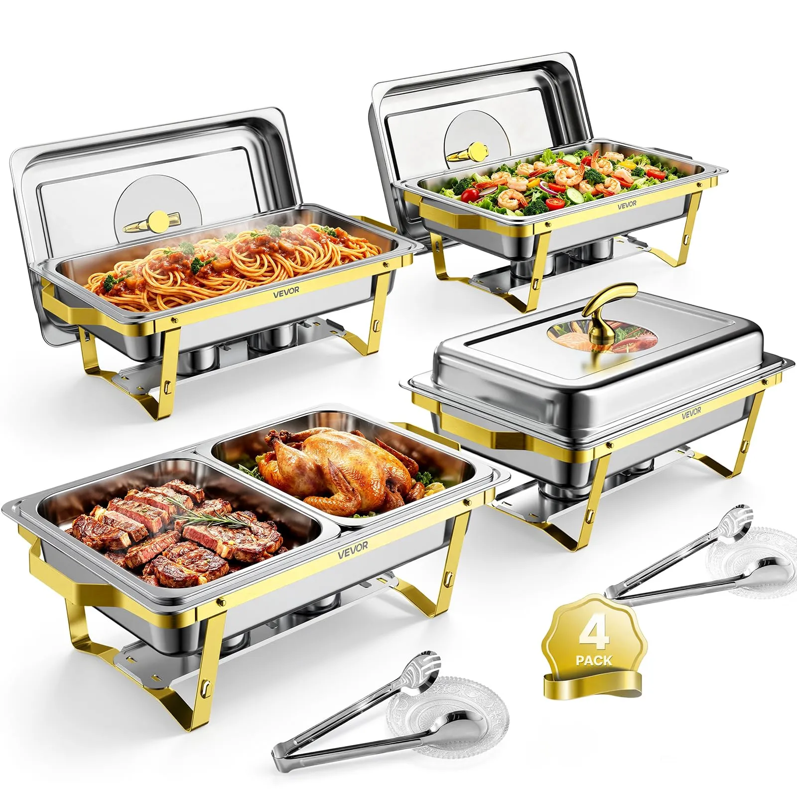 VEVOR Set Scaldavivande 4 pz per Alimenti Acciaio Inox 8,52L con Coperchio