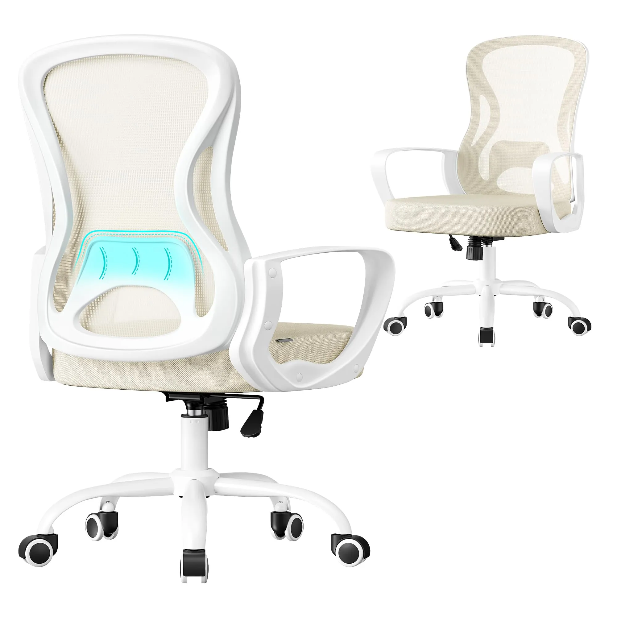 SONGMICS Sedia Ufficio Ergonomica, Sedia Scrivania Girevole in Rete, Supporto Lombare, Funzione Oscillante, Braccioli, Studio Camera da Letto, Beige Cappuccino e Bianco Nuvola OBN043LH02