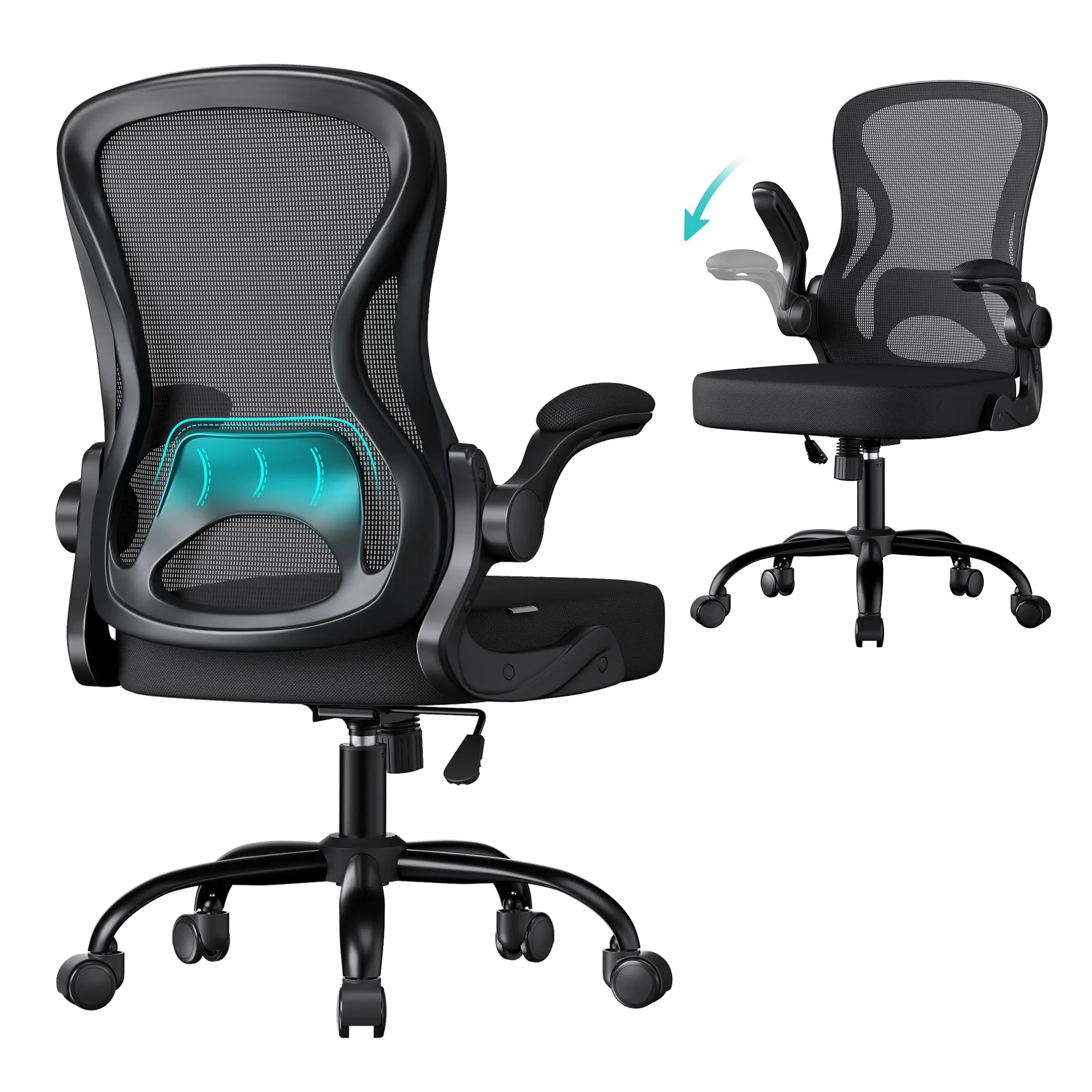 SONGMICS Sedia Ufficio Ergonomica, Sedia Scrivania Girevole in Rete, Supporto Lombare, Funzione Oscillante, Braccioli Ribaltabili, Studio Camera da Letto, Nero Inchiostro OBN042BH02