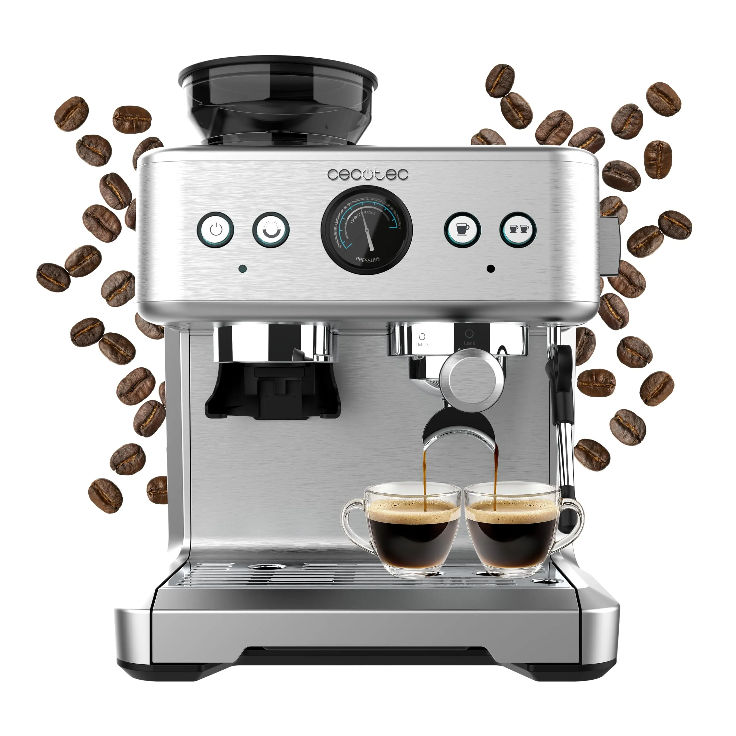 Cecotec Macchina da Caffè Espresso da 20 Bar Power Espresso 20 Barista. 2250W, Manometro, 2 Thermoblock, Lancia Vapore Orientabile, Contenitore per Caffè in Grani e Macinacaffè con 20 livelli