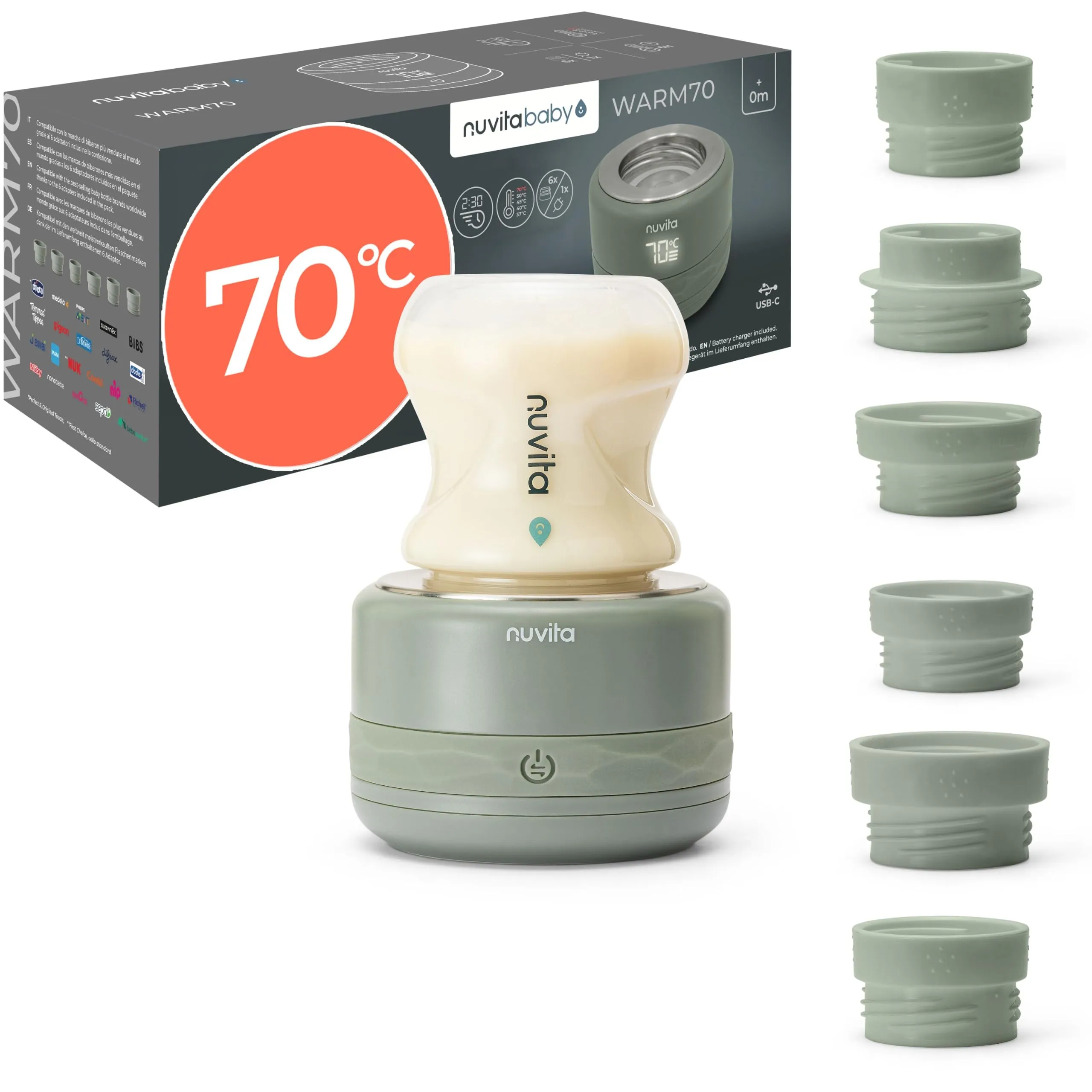 Nuvita 1166 Warm70 Scaldabiberon Portatile Senza Fili 70°C – Ricaricabile USB, Compatibile Universale, 5 Livelli di Temperatura Fino a 70°C, Riscaldamento Rapido 2,5 Min, Mantiene Caldo 6 Ore