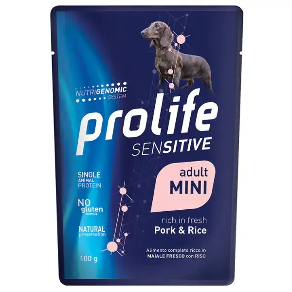 Prolife Sensitive Dog Mini 100 gr Maiale e riso - confezione da 10 pezzi - Cibo umido per cani