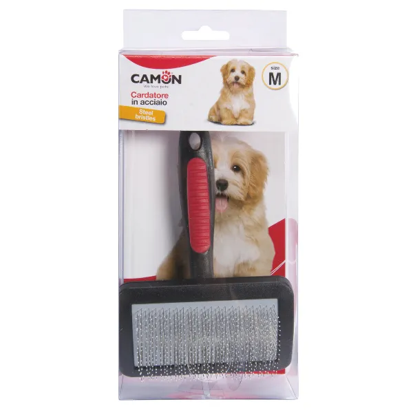 Cardatore in acciaio con punte ricoperte e testa in plastica per cani e gatti Camon Medium