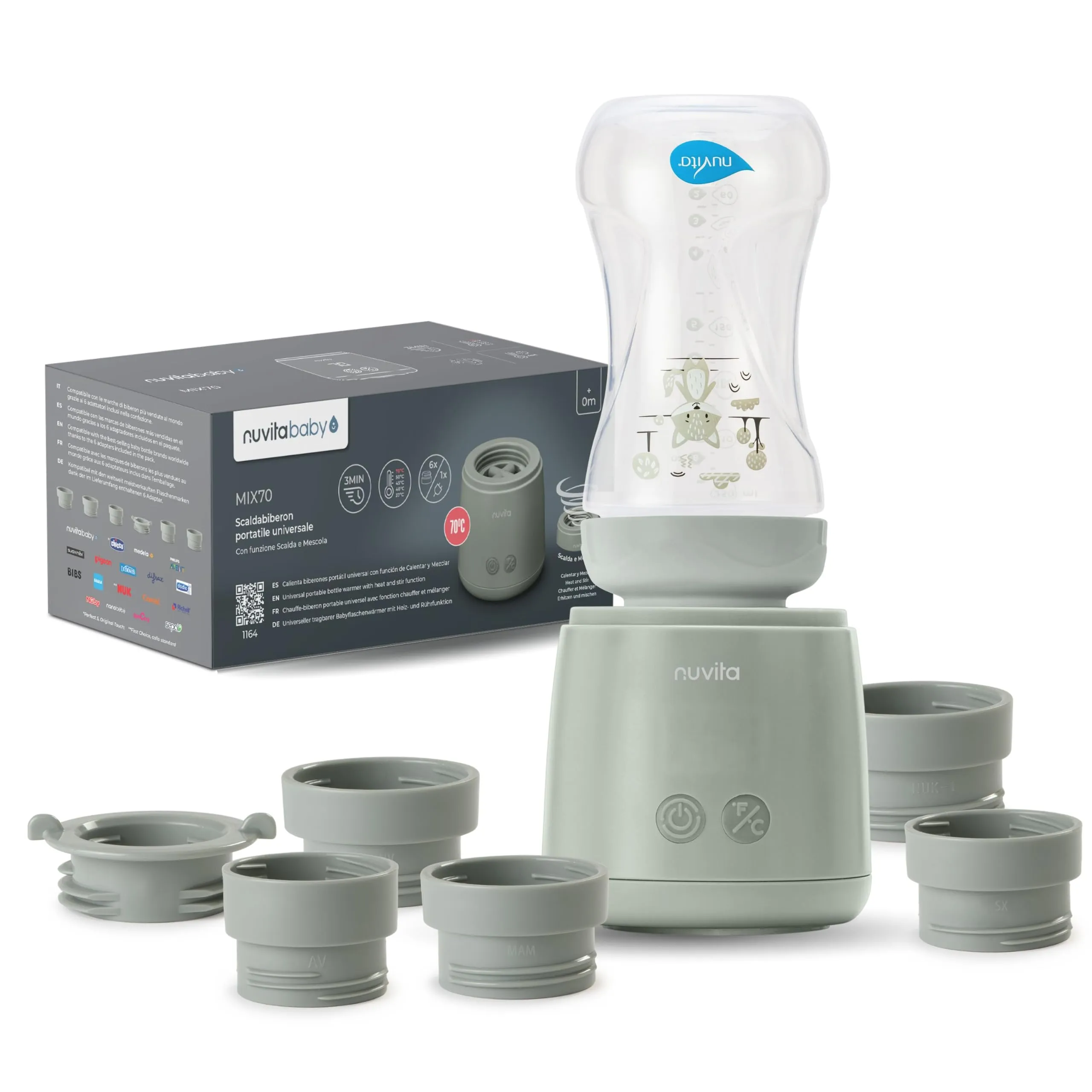 Nuvita 1164 Mix70 Scaldabiberon Portatile 70°C con Funzione Mescolamento, 5 Temperature fino a 70°C, Universale con 6 Adattatori Inclusi, Batteria Ricaricabile, Display LED, Senza BPA