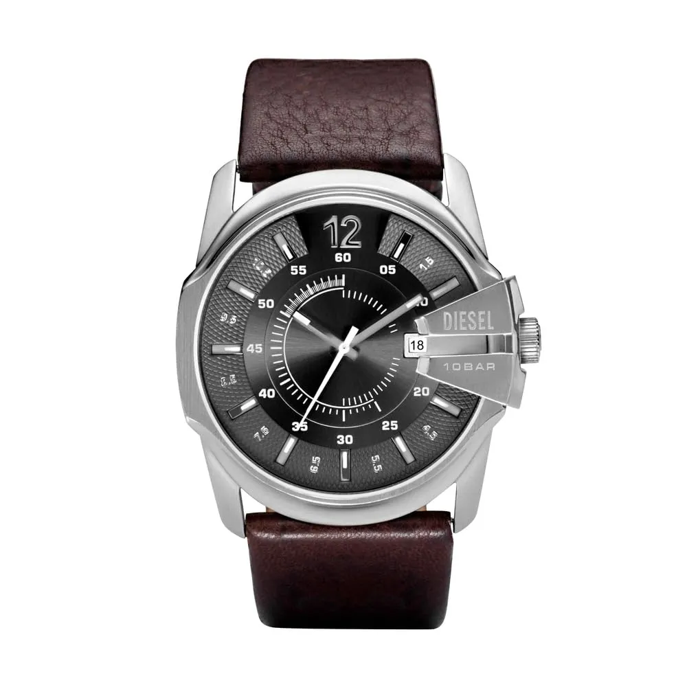 Diesel Master Chief Orologio da uomo, movimento a tre lancette, cassa in acciaio inossidabile da 46 mm con cinturino in pelle, DZ1206
