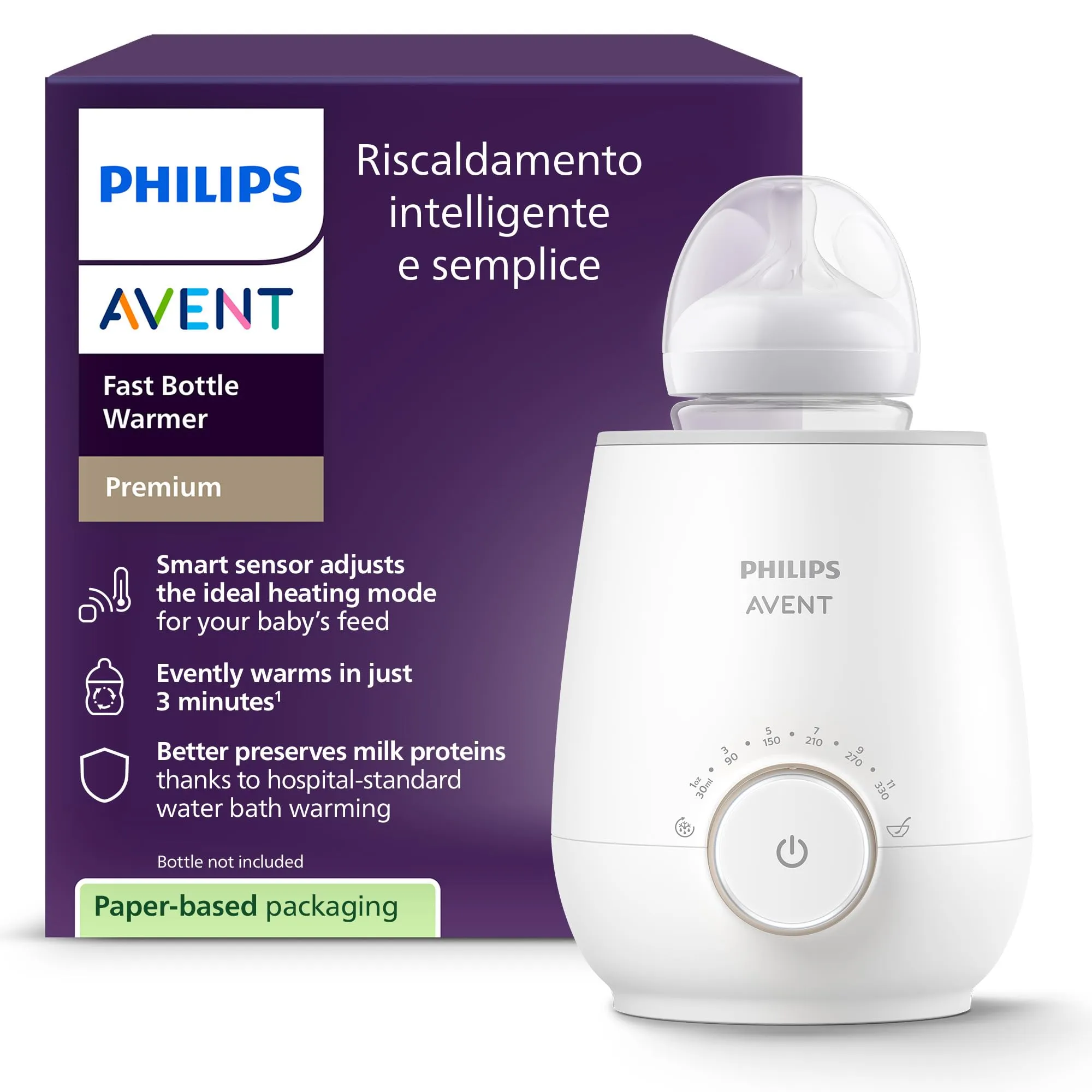 Philips Avent Premium Scaldabiberon veloce– Controllo intelligente della temperatura, riscaldamento uniforme senza punti caldi, tecnologia a bagnomaria di livello ospedaliero, SCF358/00