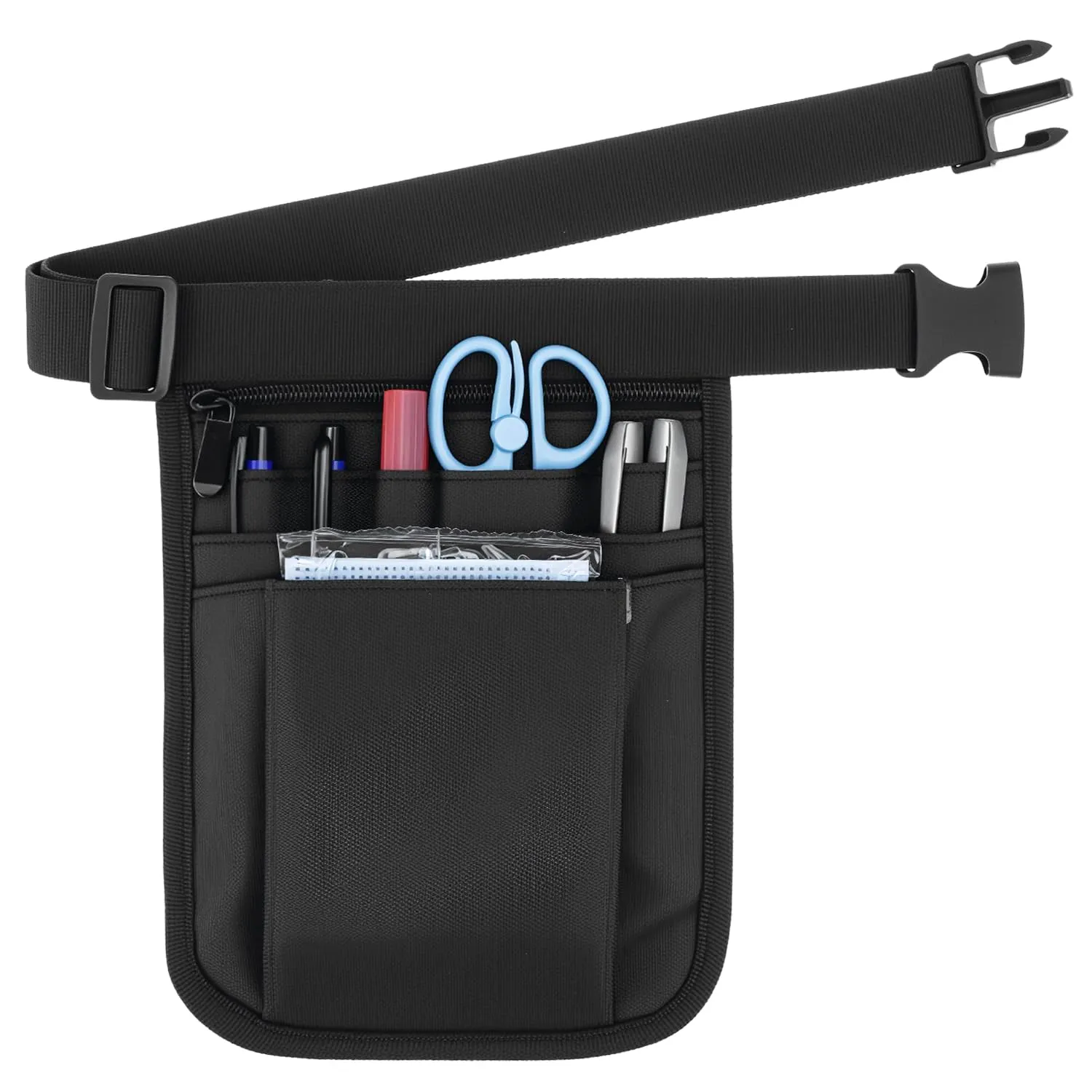 QWORK Tasca da cintura multiuso, 25 x 18 cm, marsupio porta-attrezzi con più tasche, organizer da lavoro in Oxford impermeabile con cintura regolabile, nero