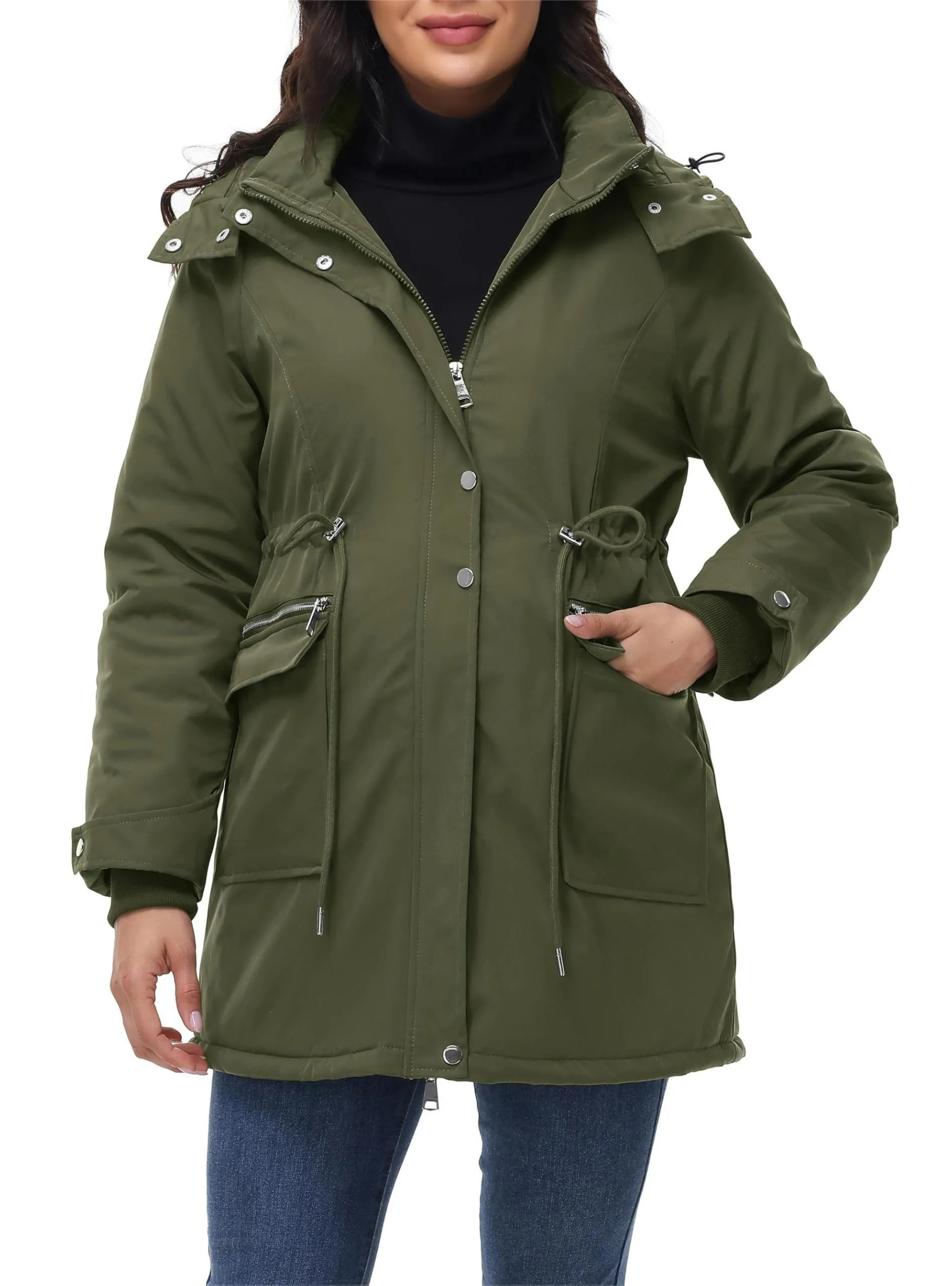 Maacie Giacca premaman in cotone collo alto, giacca in cotone impermeabile, cappotto invernale 2025, verde militare, L