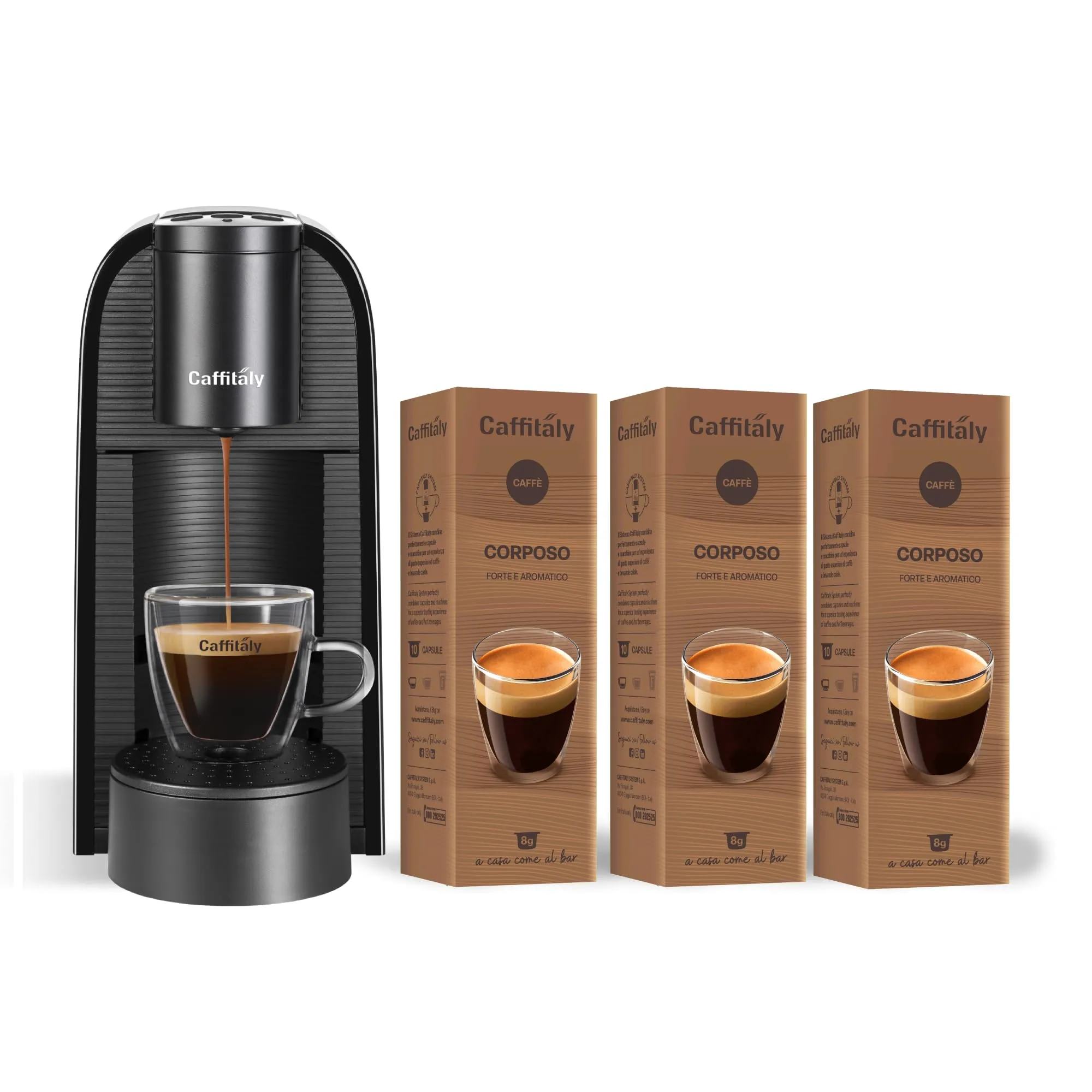 Caffitaly, Macchina da Caffè Volta Nera, 30 Capsule di Caffè Corposo Incluse, Ideale per Preparare Diversi Espressi e Bevande Calde. La macchina Volta funziona solo con capsule originali