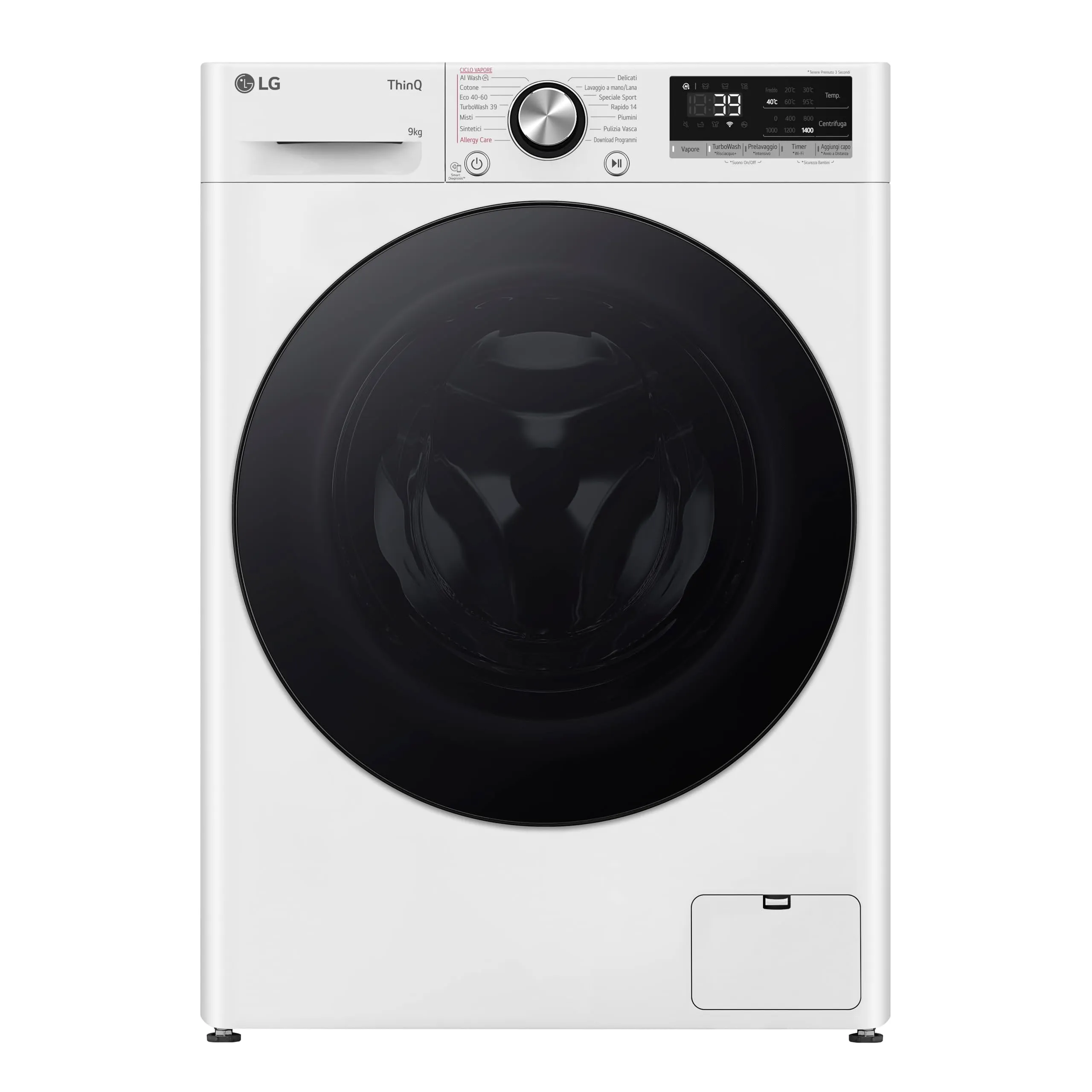 LG AI DD F4R7009TSWB Lavatrice 9 kg Classe A -10%, 1400 Giri, Carica Frontale con Oblò in Vetro Temperato, Funzione TurboWash 360, Vapore su 7 Programmi, Wi-Fi, Libera installazione, Serie R7, Bianca