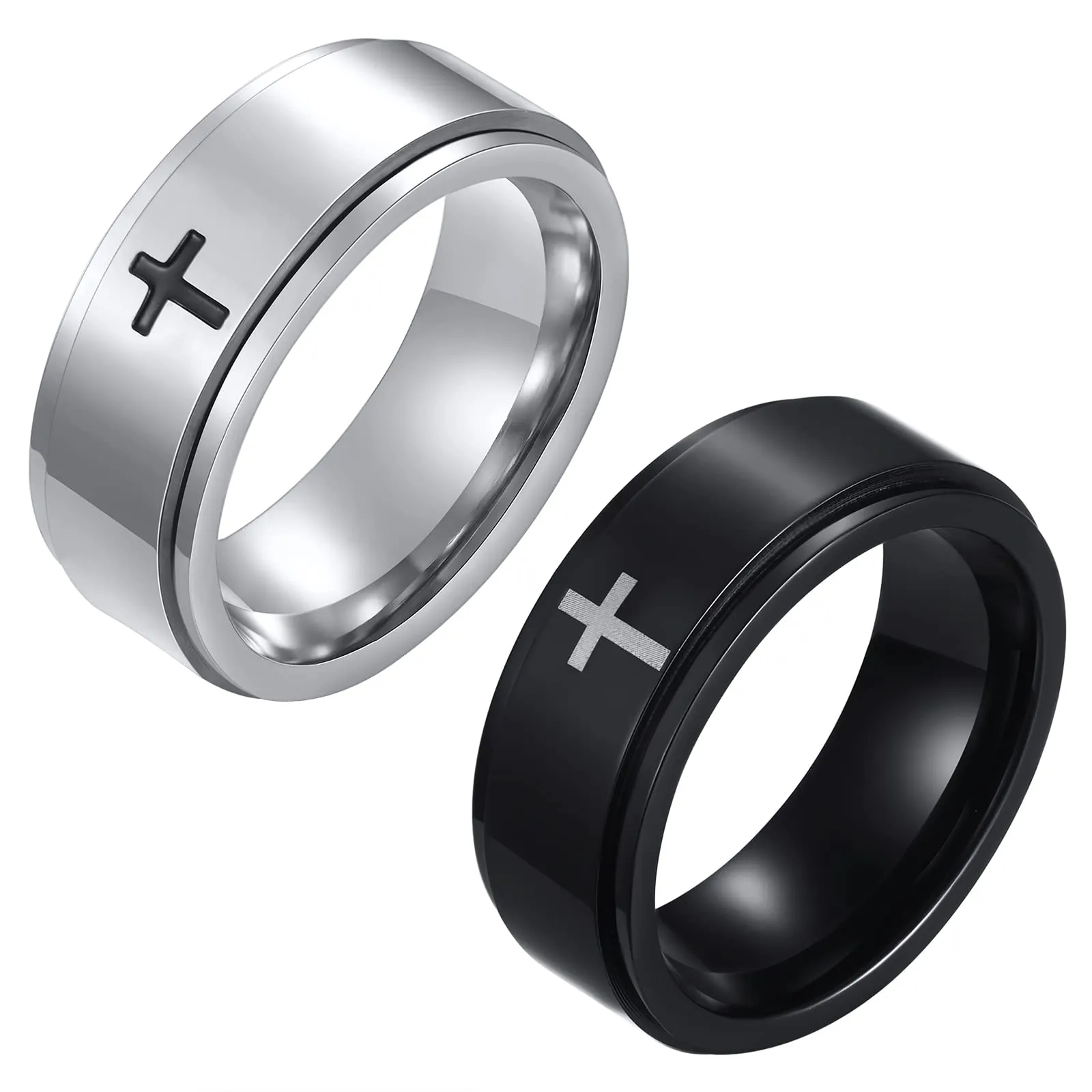 JewelryWe 2pcs Anelli Spinner,Antistress,Anello Preghiera da Uomo,Croce, Regalo Natale