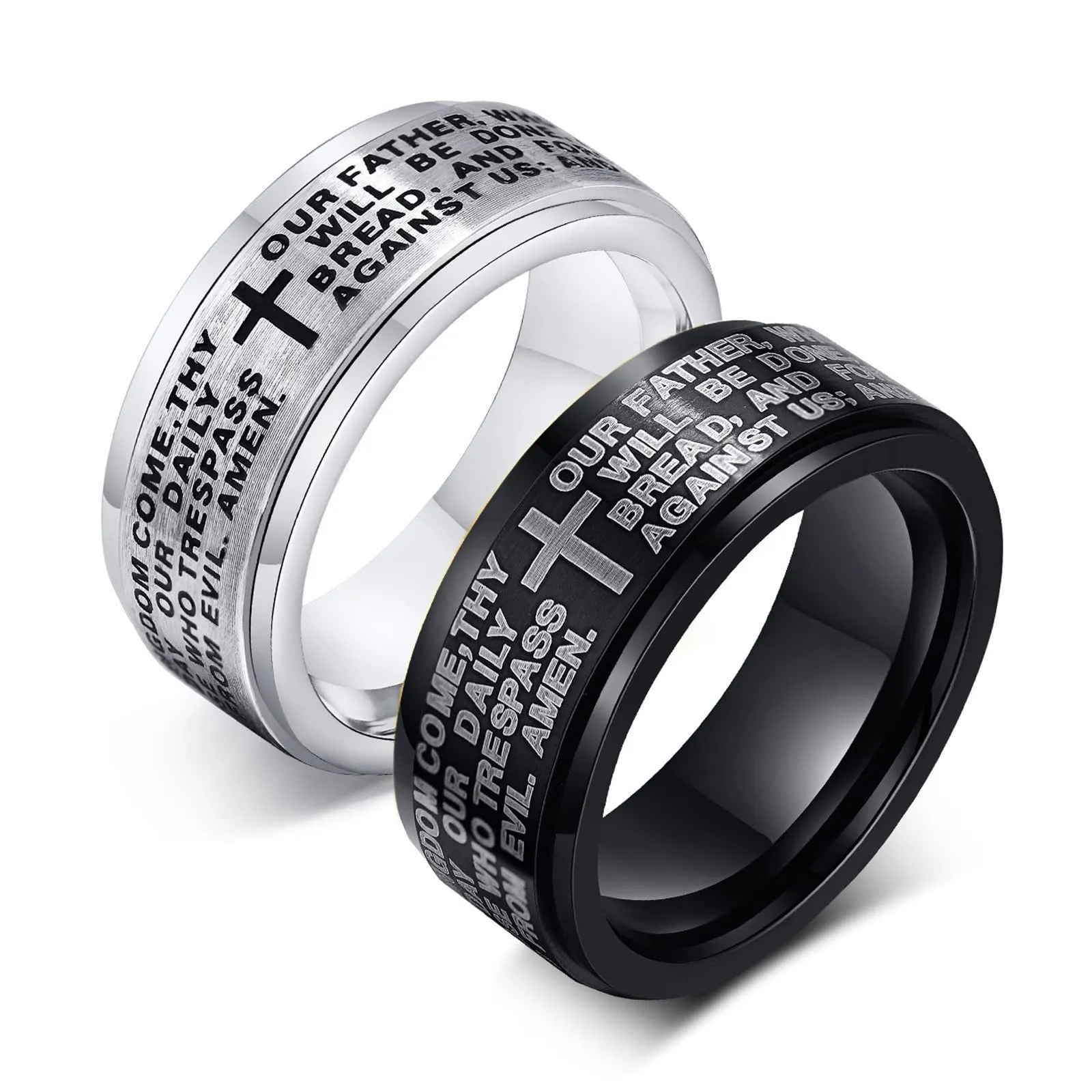 JewelryWe Anello Ruotabile Antistress Preghiera da Uomo Donna, 8mm, Acciaio Inossidabile, Banda Con Bibbia Spagnolo, Signori Attraversare Epoca