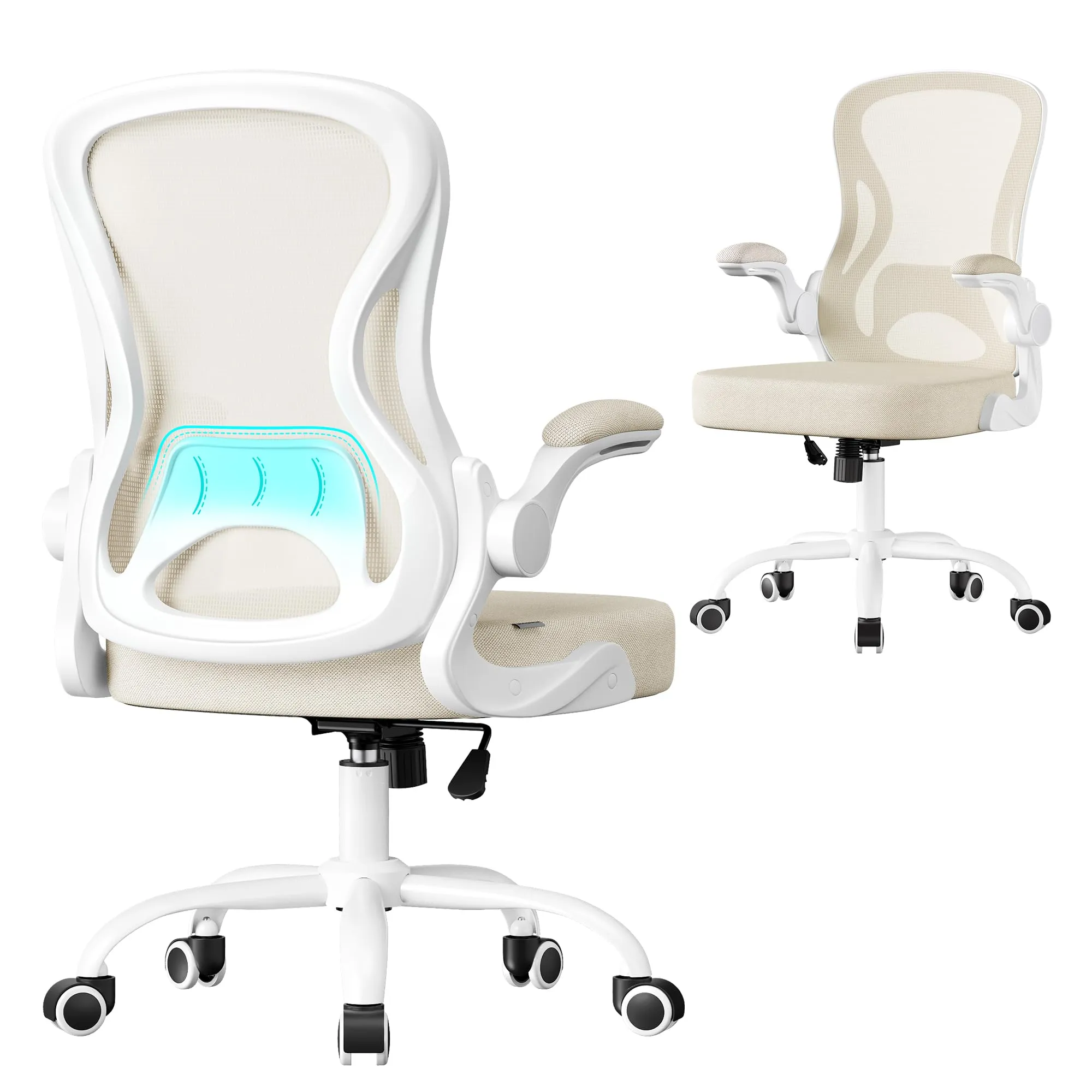 SONGMICS Sedia Ufficio Ergonomica, Sedia Scrivania Girevole in Rete, Supporto Lombare, Funzione Oscillante, Braccioli Ribaltabili, Studio Camera da Letto, Beige Cappuccino e Bianco Nuvola OBN042LH02