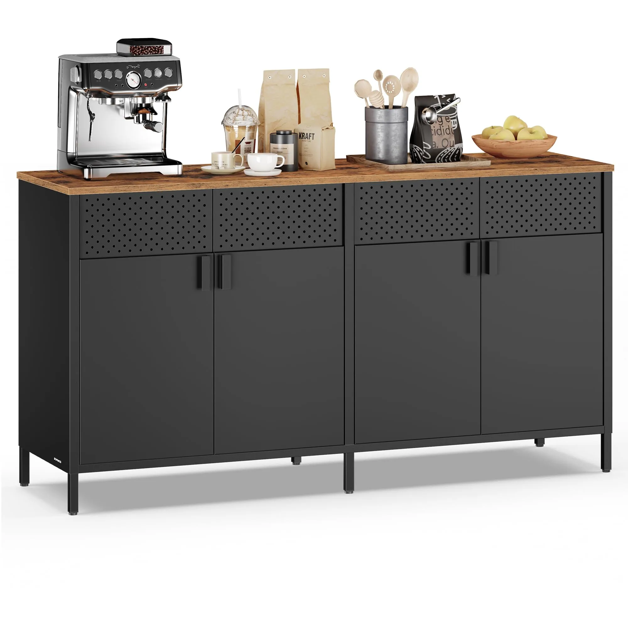 SONGMICS Mobiletto Contenitore, Credenza in Metallo, 4 Ante con Chiusura Magnetica, Ripiani Regolabili, Struttura in Acciaio, 40 x 141 x 76 cm, Nero Inchiostro e Marrone Vintage LSC205BD01
