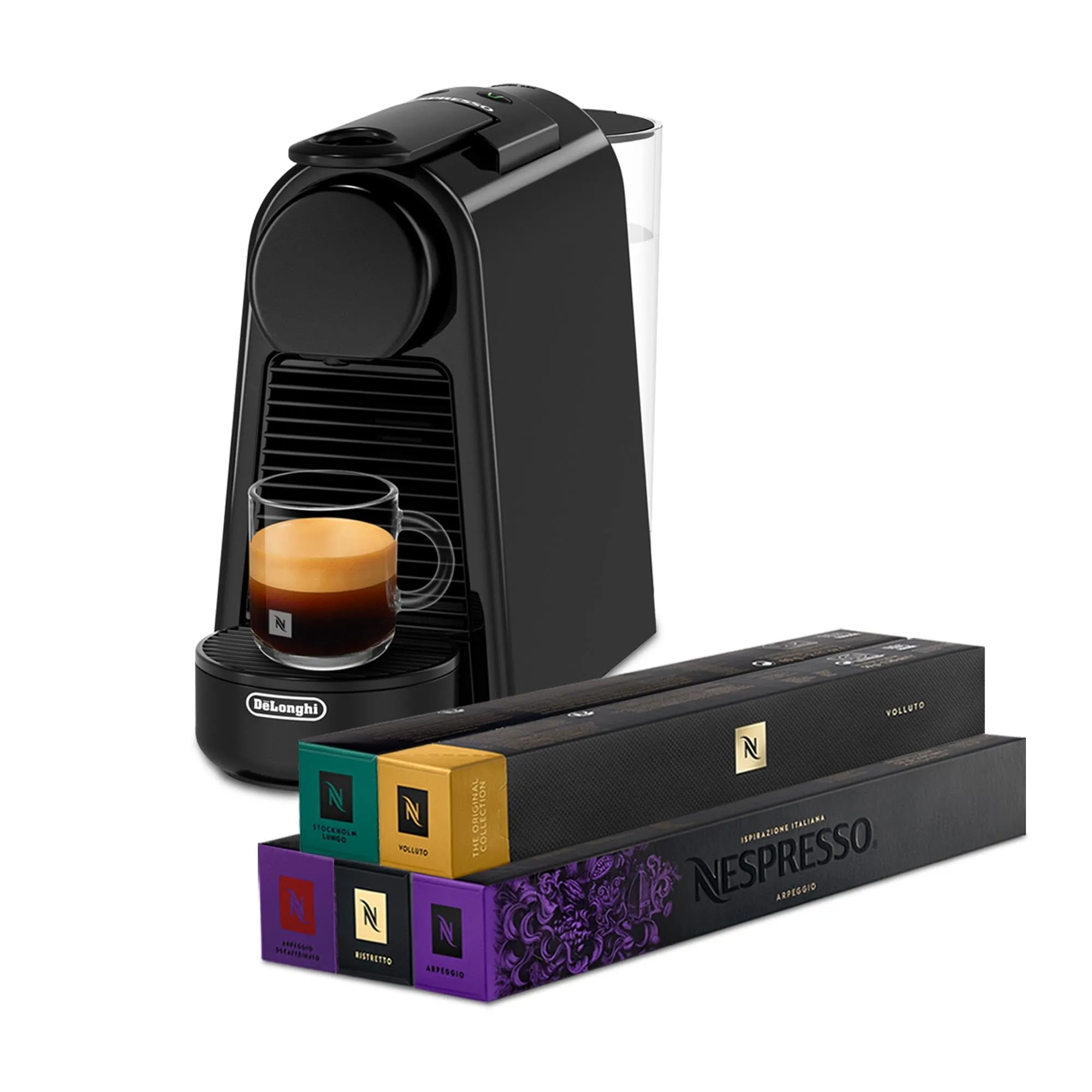 De'Longhi Nespresso Essenza Mini EN85.B + 5 confezioni diverse di capsule di caffè, Sistema Capsule Nespresso, Serbatoio acqua 0.6L, Design Compatto, Pressione 19 Bar, 1150W, Nera