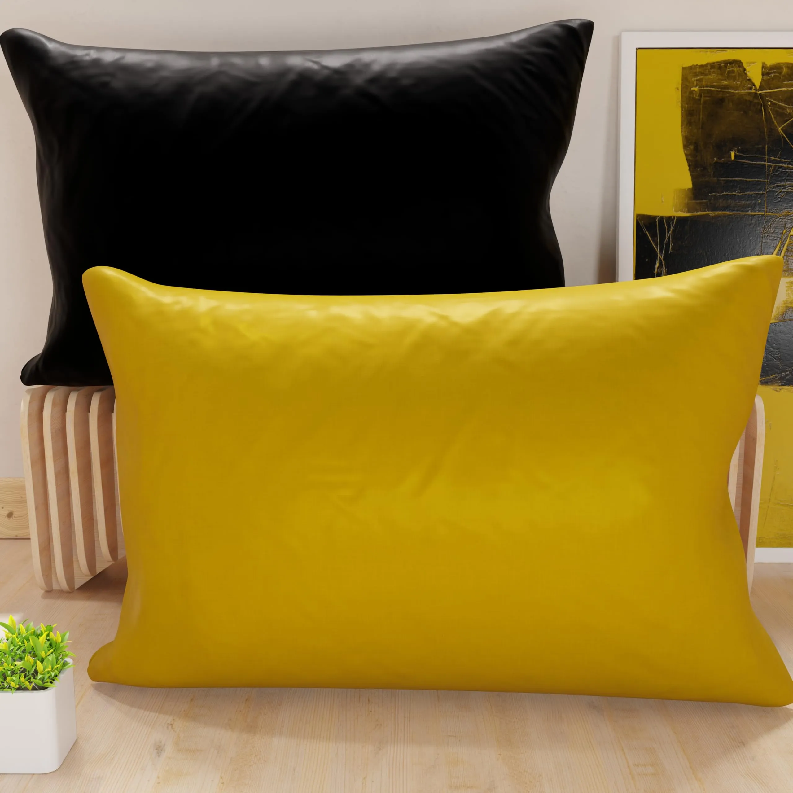 PETTI Artigiani Italiani - Coppia di Federe Cuscino 50x30 cm in Microfibra, Cuscini Arredo Camera da Letto, Divano, Set 2 Fodere Copricuscino, Federa Double Face Giallo Ocra e Nero