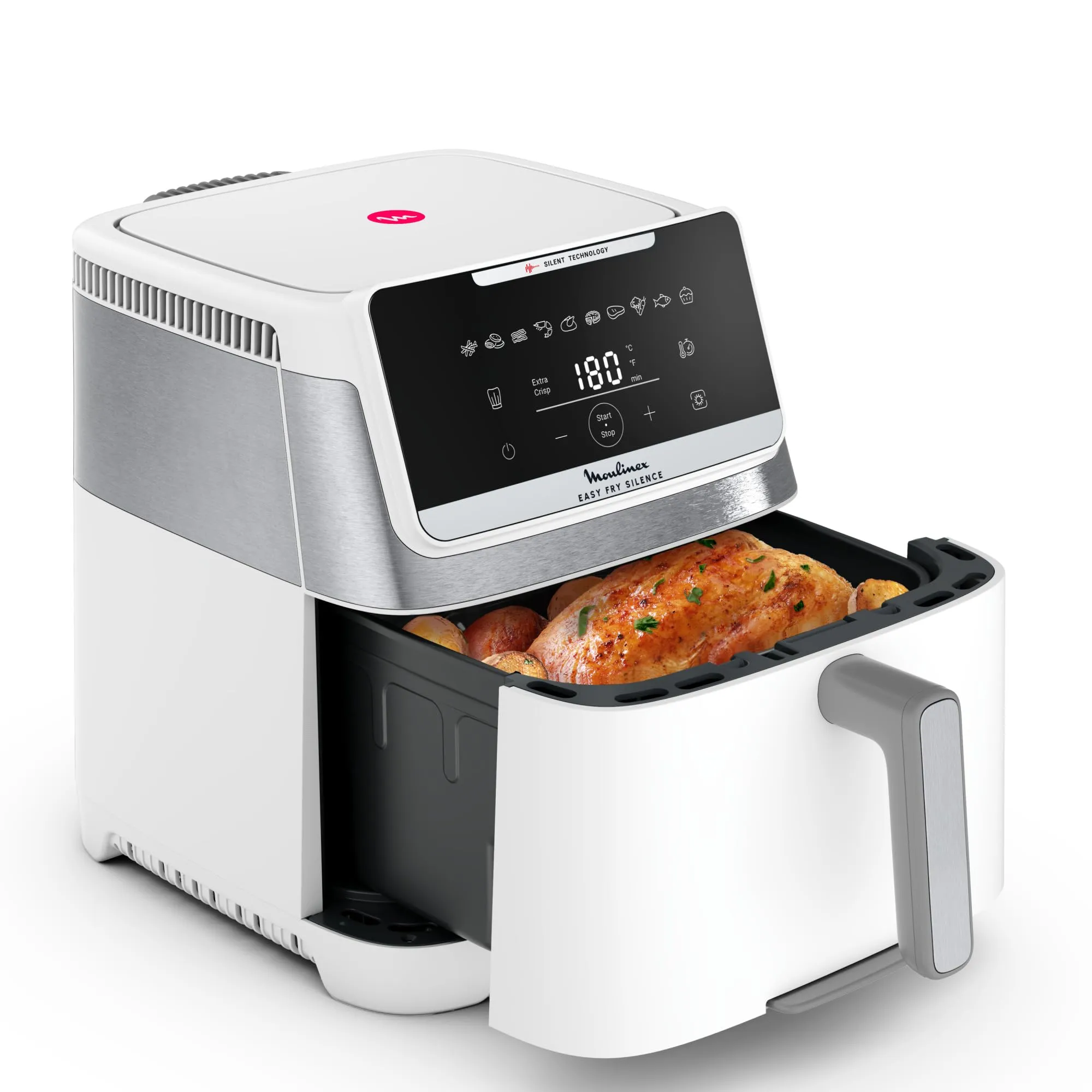 Moulinex Easy Fry Silence 7L, Friggitrice ad Aria Silenziosa XXL, Fino a 8 Persone, 10 Modalità, con Sistema Genius e Griglia di Cottura Regolabile, Colore Bianco, EZ8421