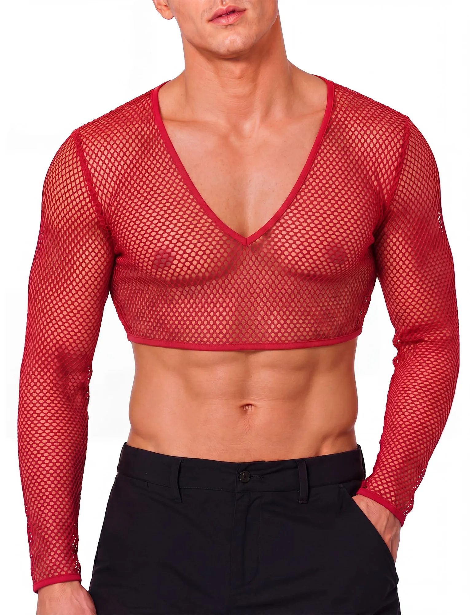SEAUR Crop Top da uomo in rete trasparente sexy, Colore: rosso, XXL