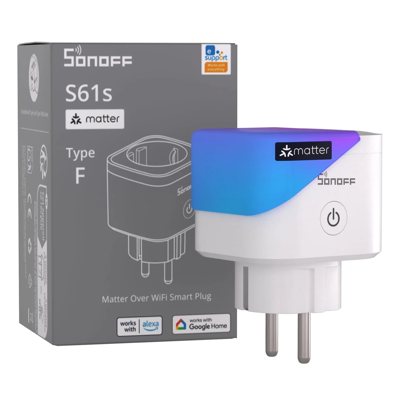 SONOFF S61s Presa Intelligente 16A/3840W – Smart WiFi con Controllo da Remoto e Vocale, Presa Smart Timer, Monitoraggio Energetico – Compatibile con Alexa, Google, Homekit, SmartThings & Matter