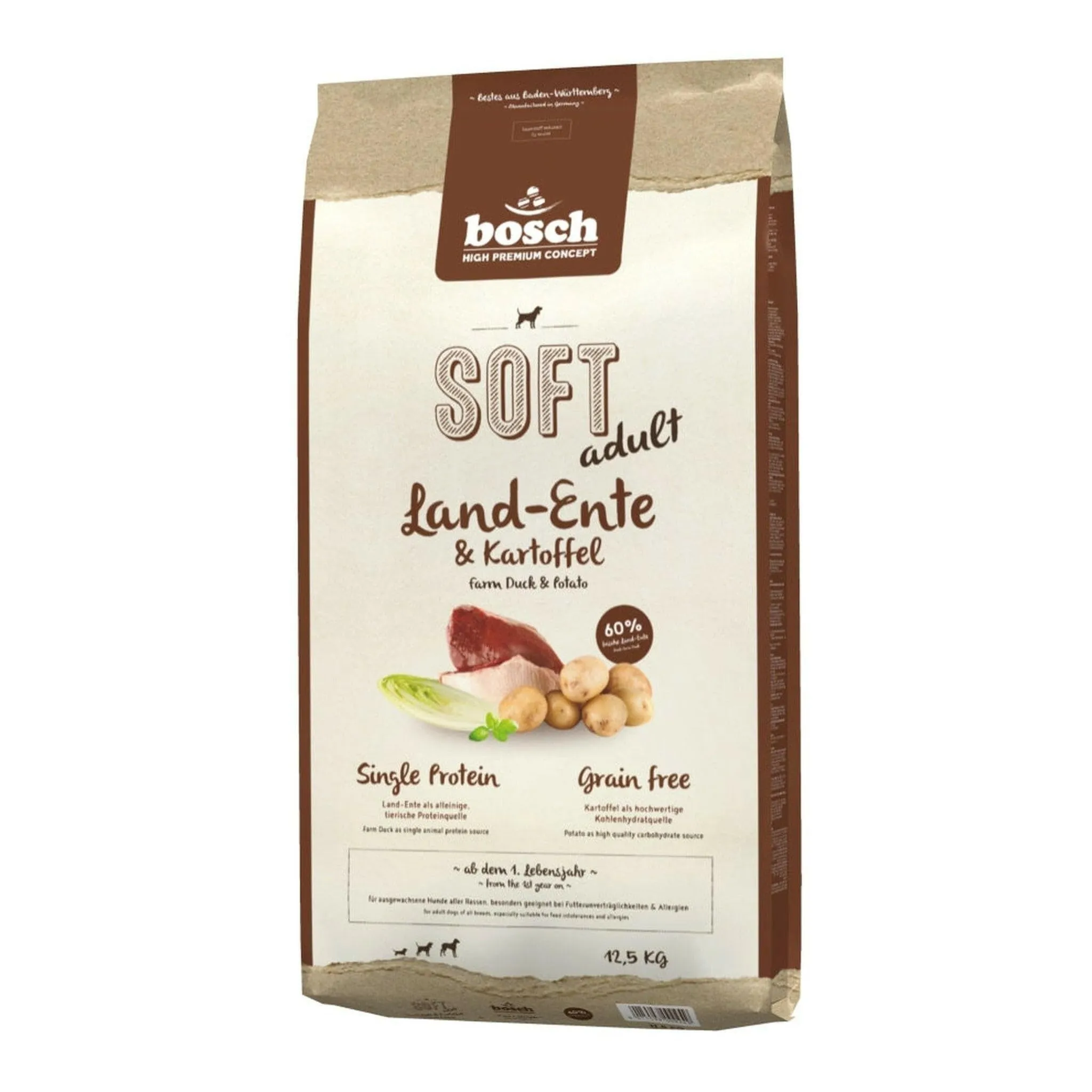 bosch HPC SOFT Terra d'anatra e patata | Cibo semi-umido per cani adulti di tutte le razze | Proteina singola | Senza cereali | 1 x 12500 g