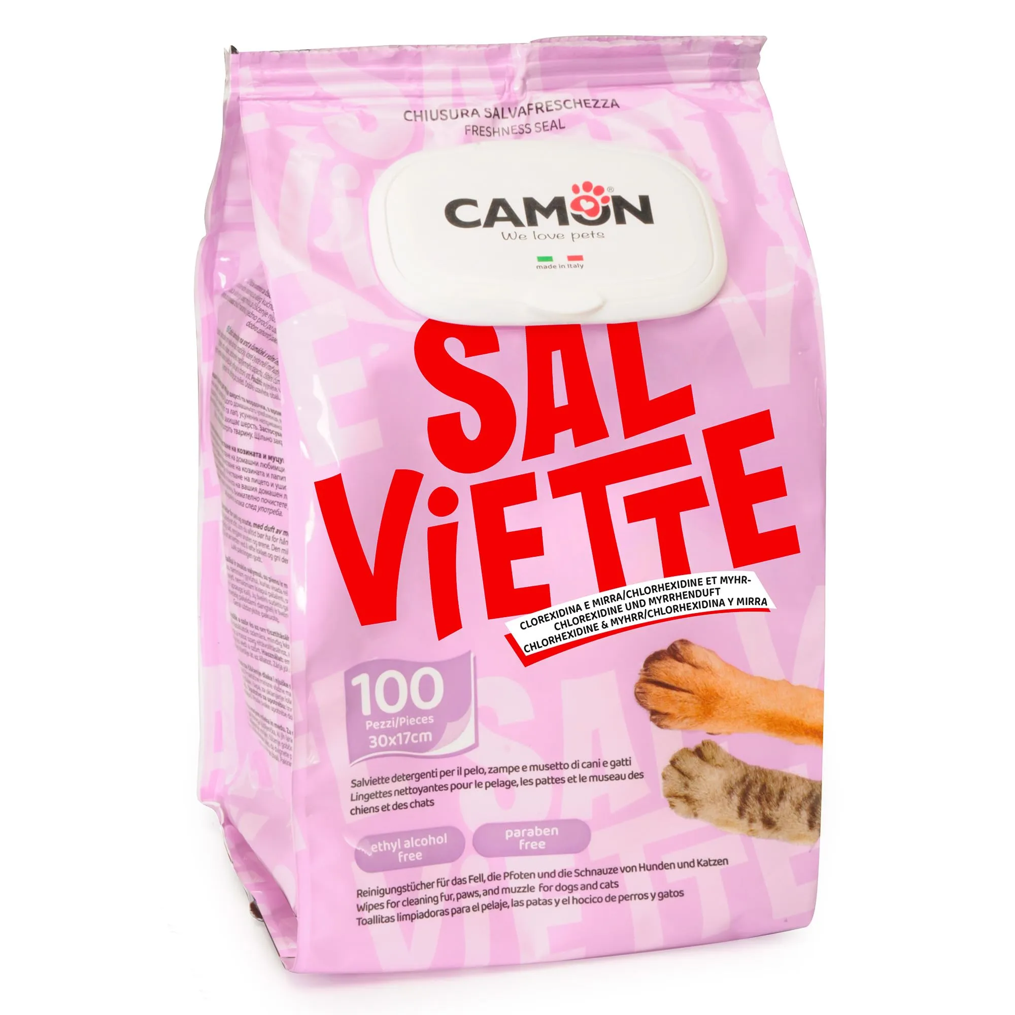 CAMON - Salviette Detergenti per Cani e Gatti, 30x17 cm, Fragranza Mirra