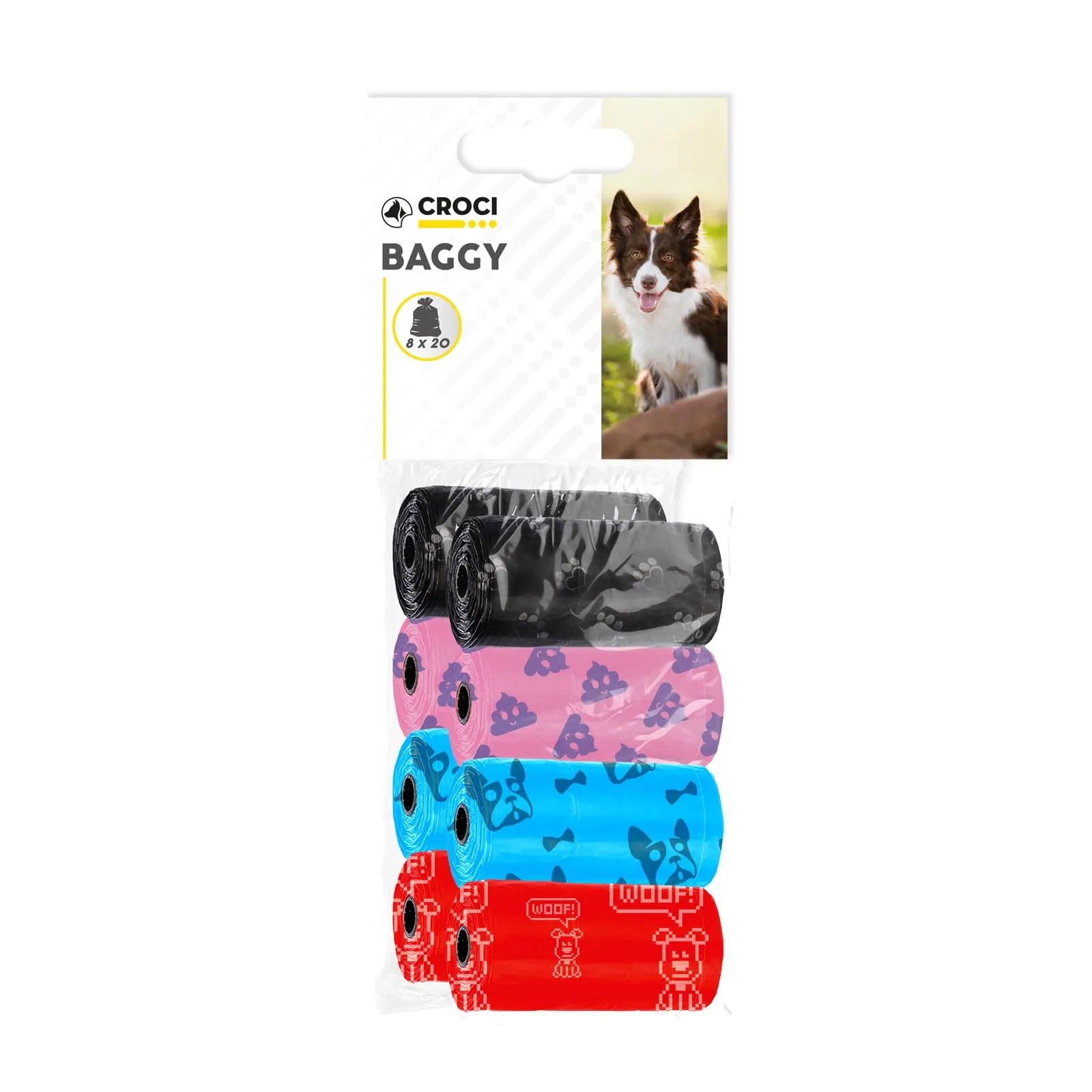 Croci - Sacchetti per bisogni dei Cani, 8 Rotoli x 20 Sacchetti, Totale 160 Sacchetti igienici per Escrementi, Resistenti Anti Rottura, Strappo Facile, Colori Assortiti