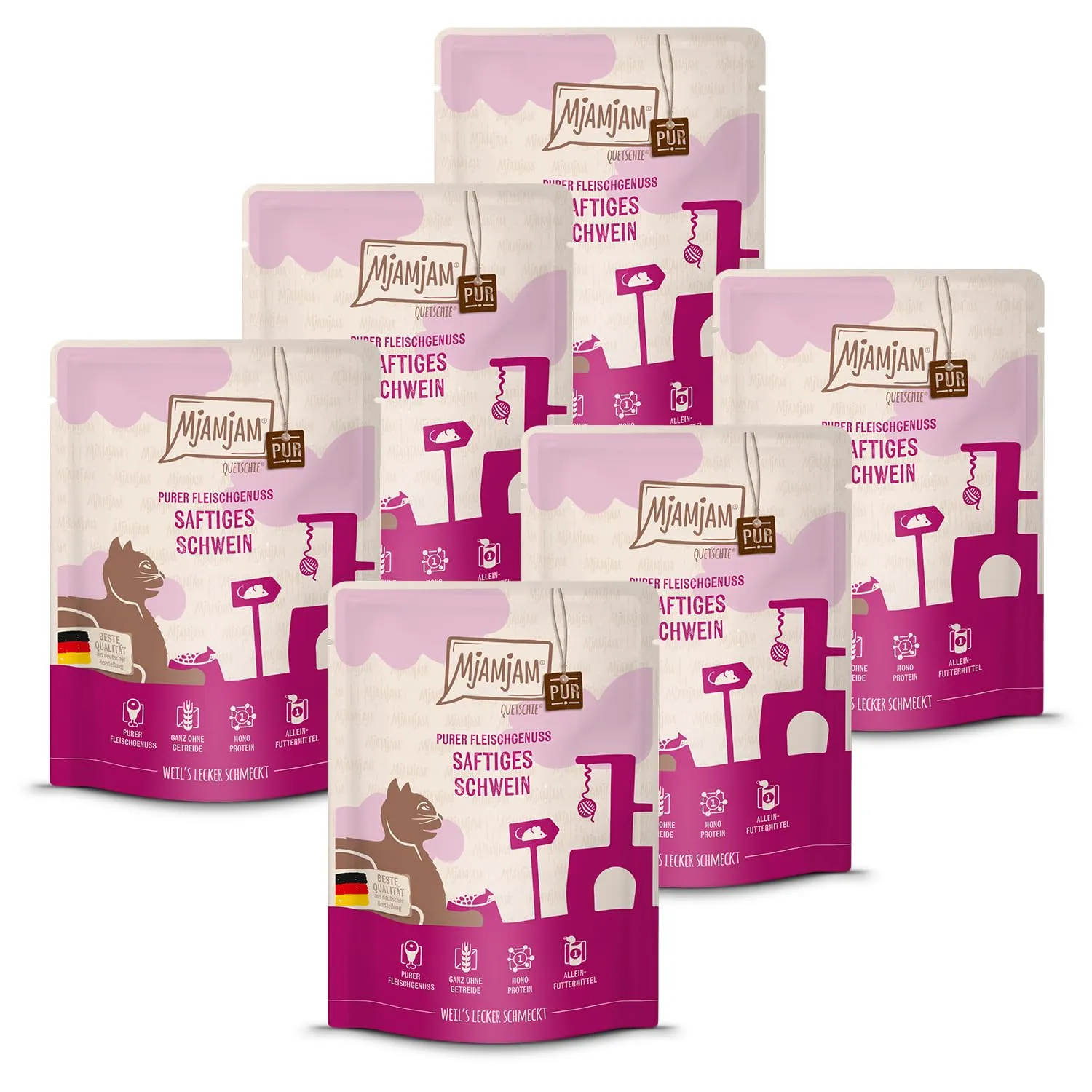 MjAMjAM - Cibo umido premium per gatti - Quetschie - maiale succoso PUR, confezione da 6 (6 x 300 g), senza cereali con carne extra