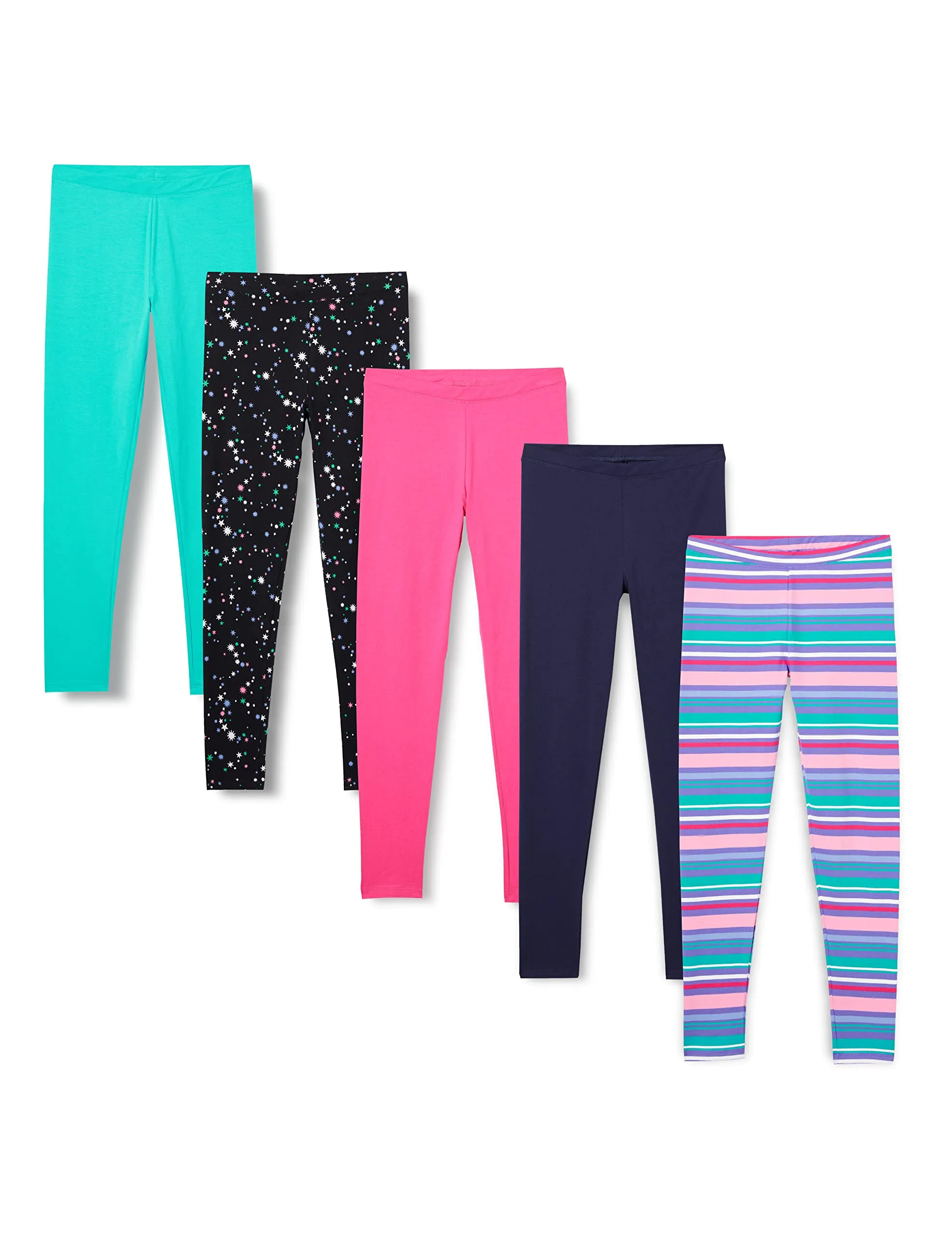 Amazon Essentials Leggings Bambine e Ragazze, Pacco da 5, Blu Marino/Nero Stelle/Righe/Rosa/Verde Acqua, 4 Anni