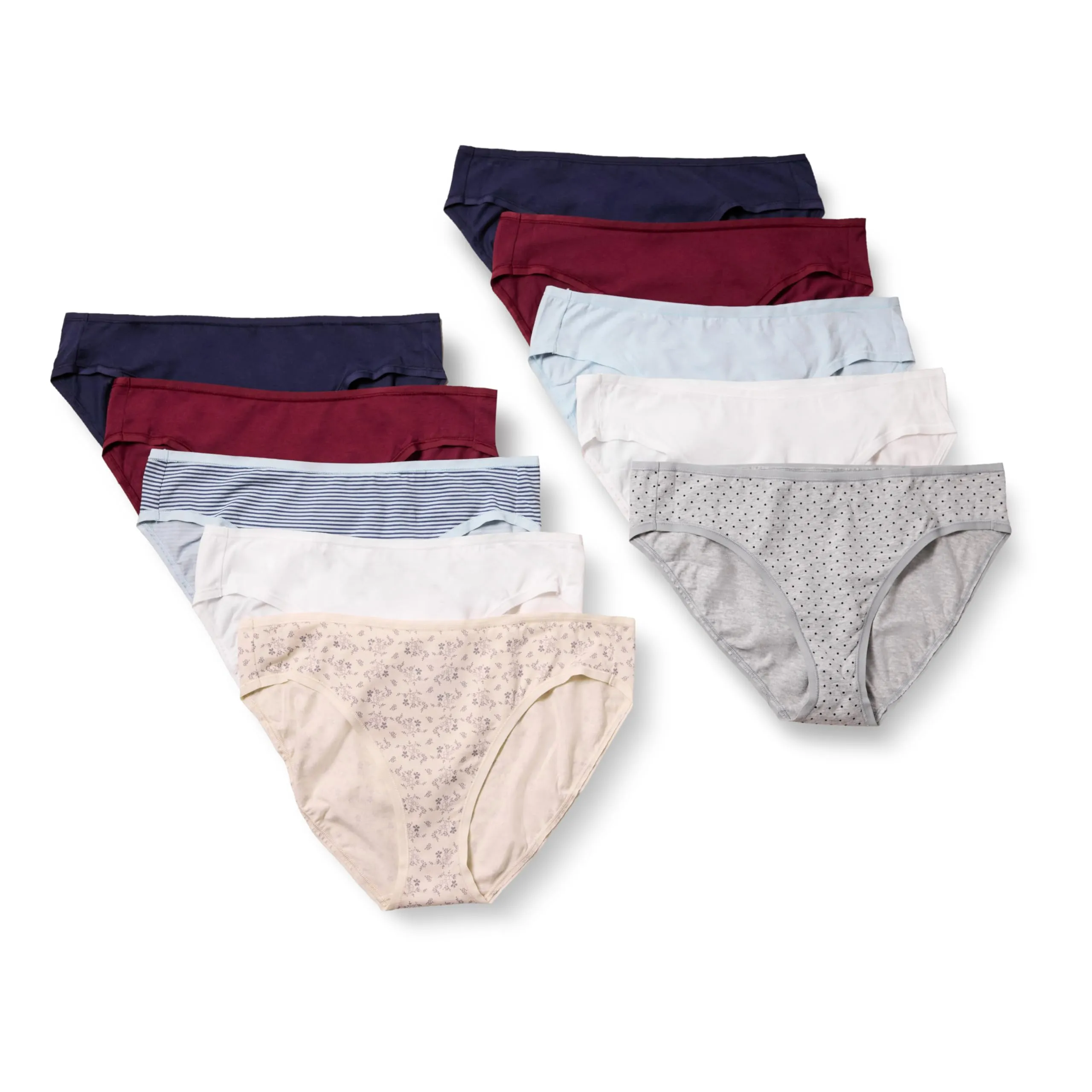 Amazon Essentials Slip Intimi Modello Bikini in Cotone Spandex (Disponibile nelle Taglie Forti) Donna, Confezione da 10, Motivo Floreale Piccolo/Multicolore/Pois/Righe, 44
