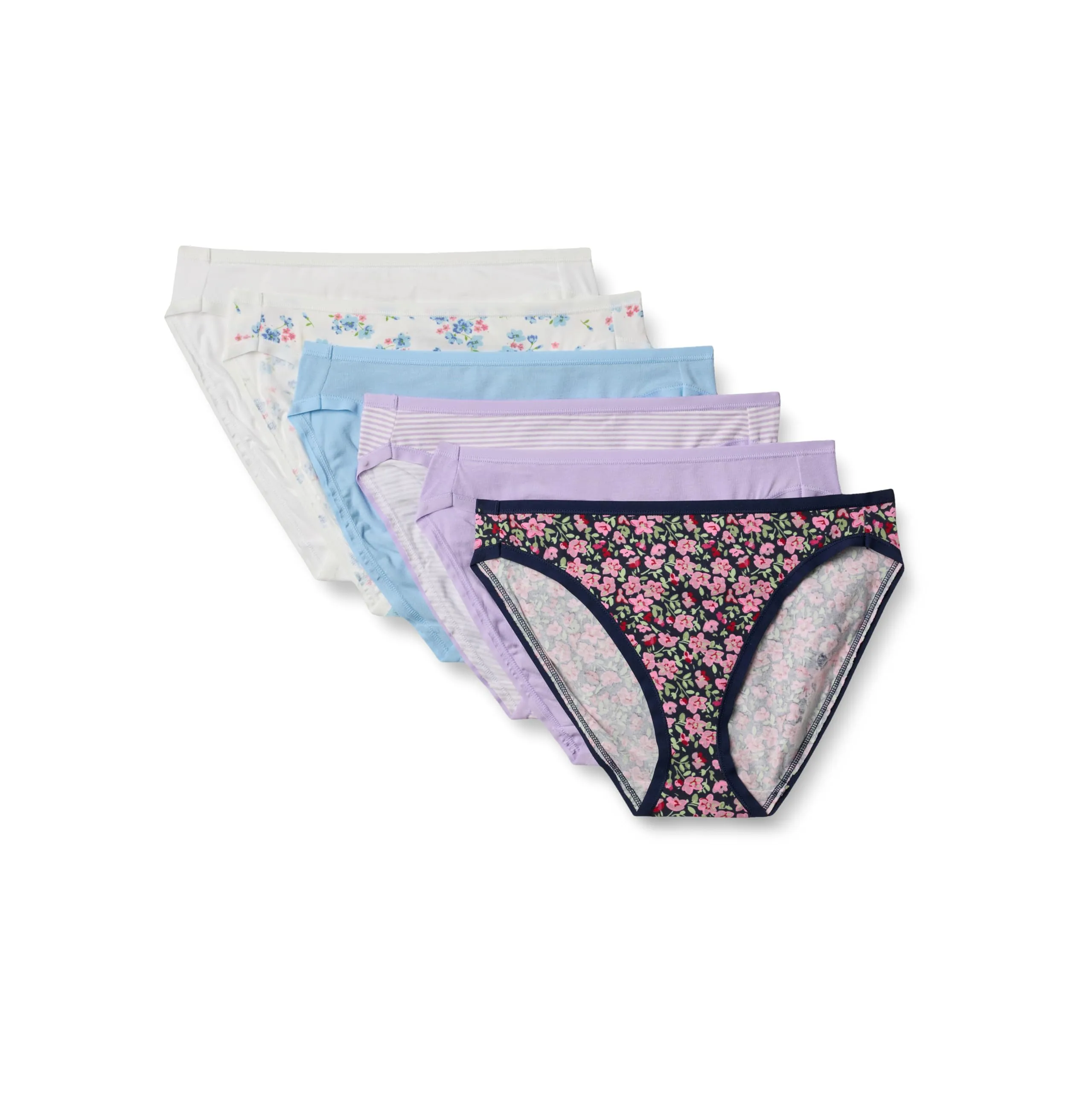 Amazon Essentials Pantaloni a Vita Alta in Cotone Spandex, Traspiranti Donna, Confezione da 6, Fiori Selvatici/Mini Righe/Motivo Floreale Piccolo, 42