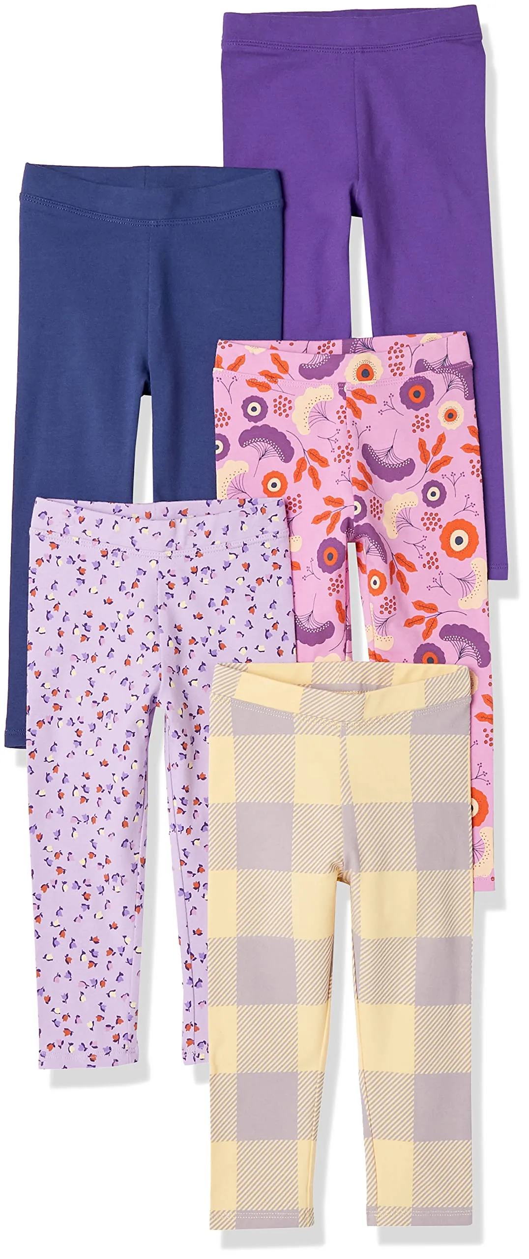 Amazon Essentials Leggings Bambine e Ragazze, Pacco da 5, Blu Scuro/Giallo Motivo Scozzese/Lilla Tulipano/Porpora/Porpora Chiaro Folk Floral, 2 Anni