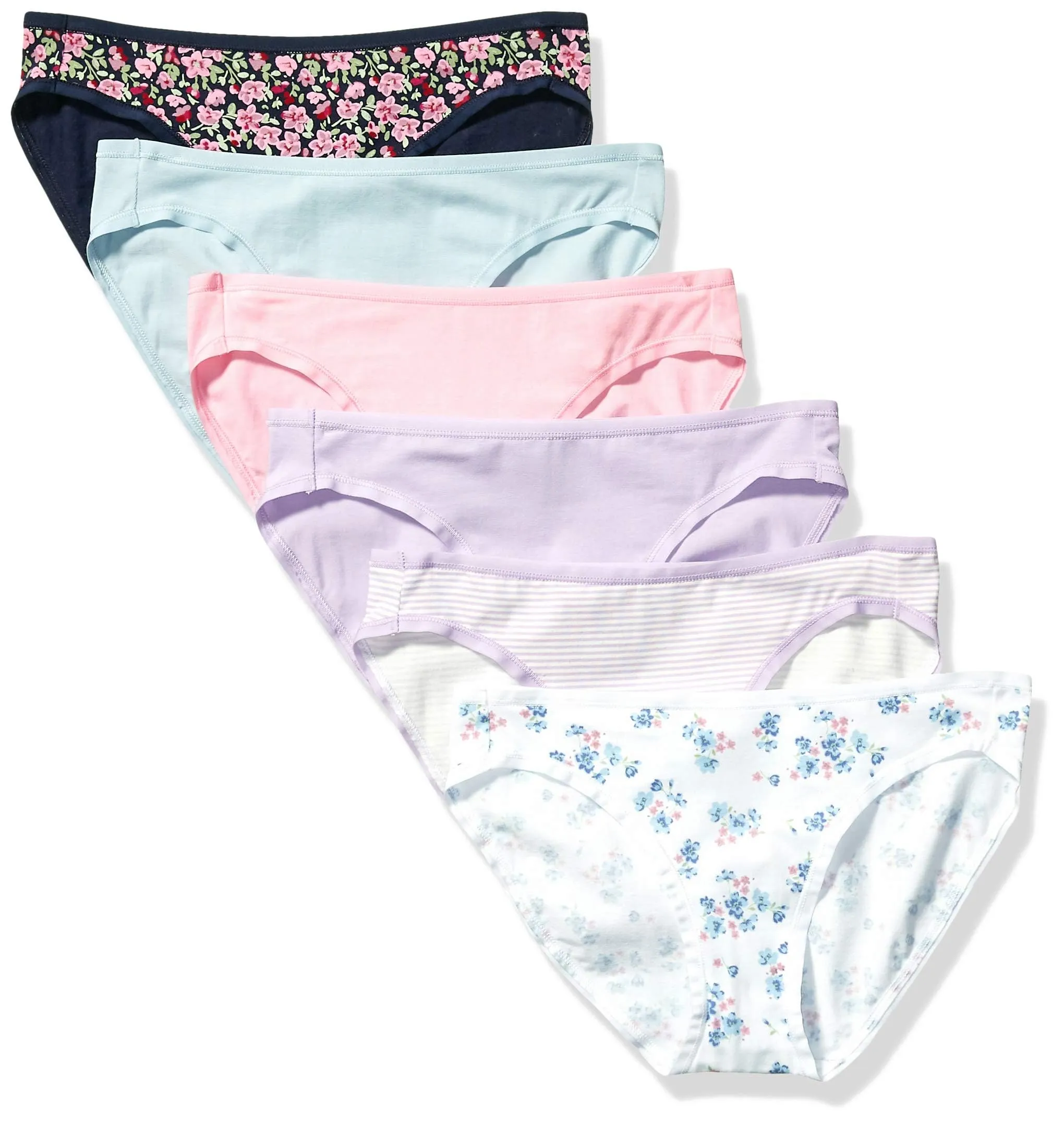 Amazon Essentials Slip Intimi Modello Bikini in Cotone Spandex (Disponibile nelle Taglie Forti) Donna, Confezione da 6, Bianco Motivo Floreale Piccolo/Blu/Lilla/Nero Floreale/Righe/Rosa, 44
