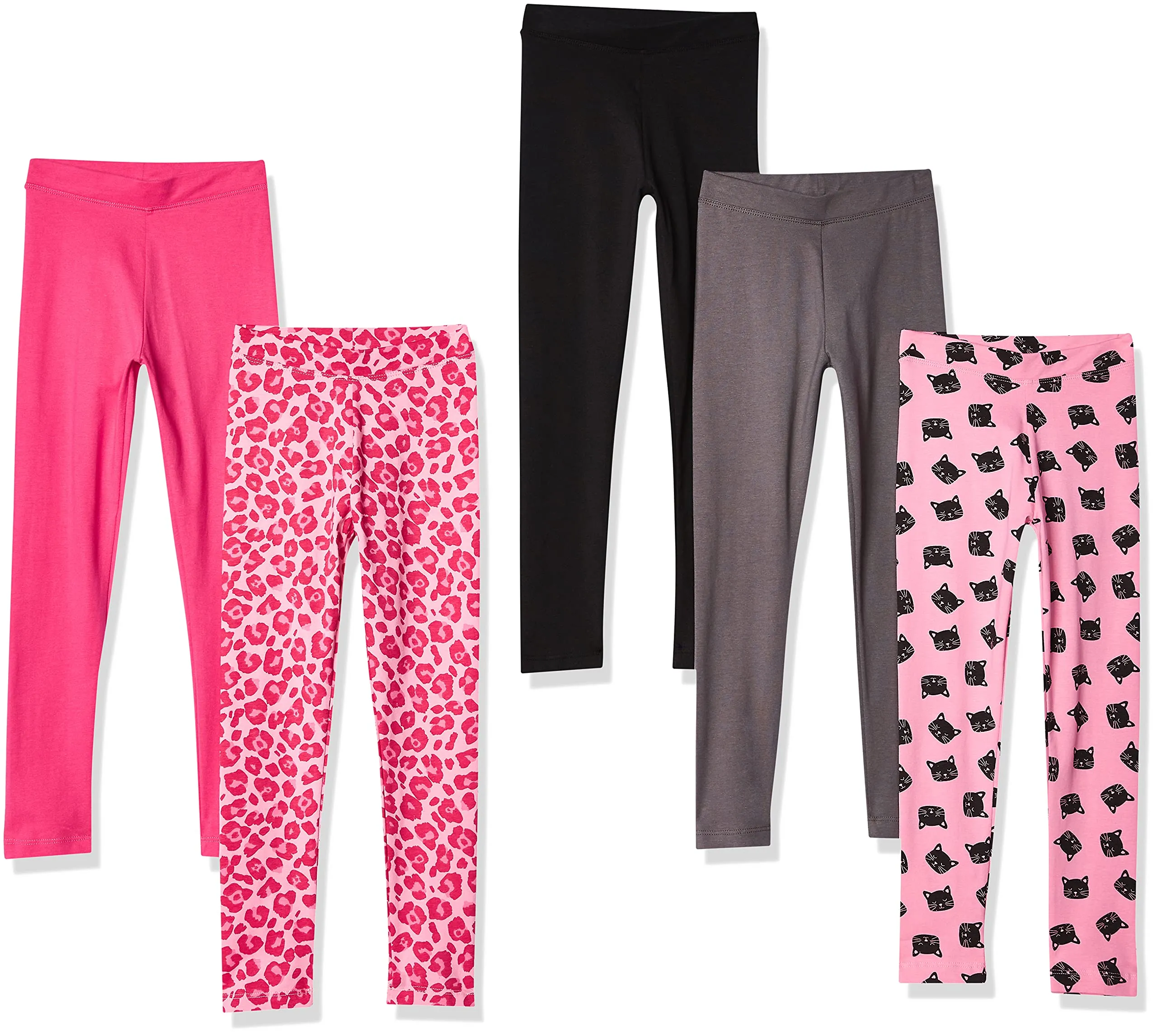 Amazon Essentials Leggings Bambine e Ragazze, Pacco da 5, Gatti/Grigio Scuro/Nero/Rosa/Stampa Animalier, 12-14 anni