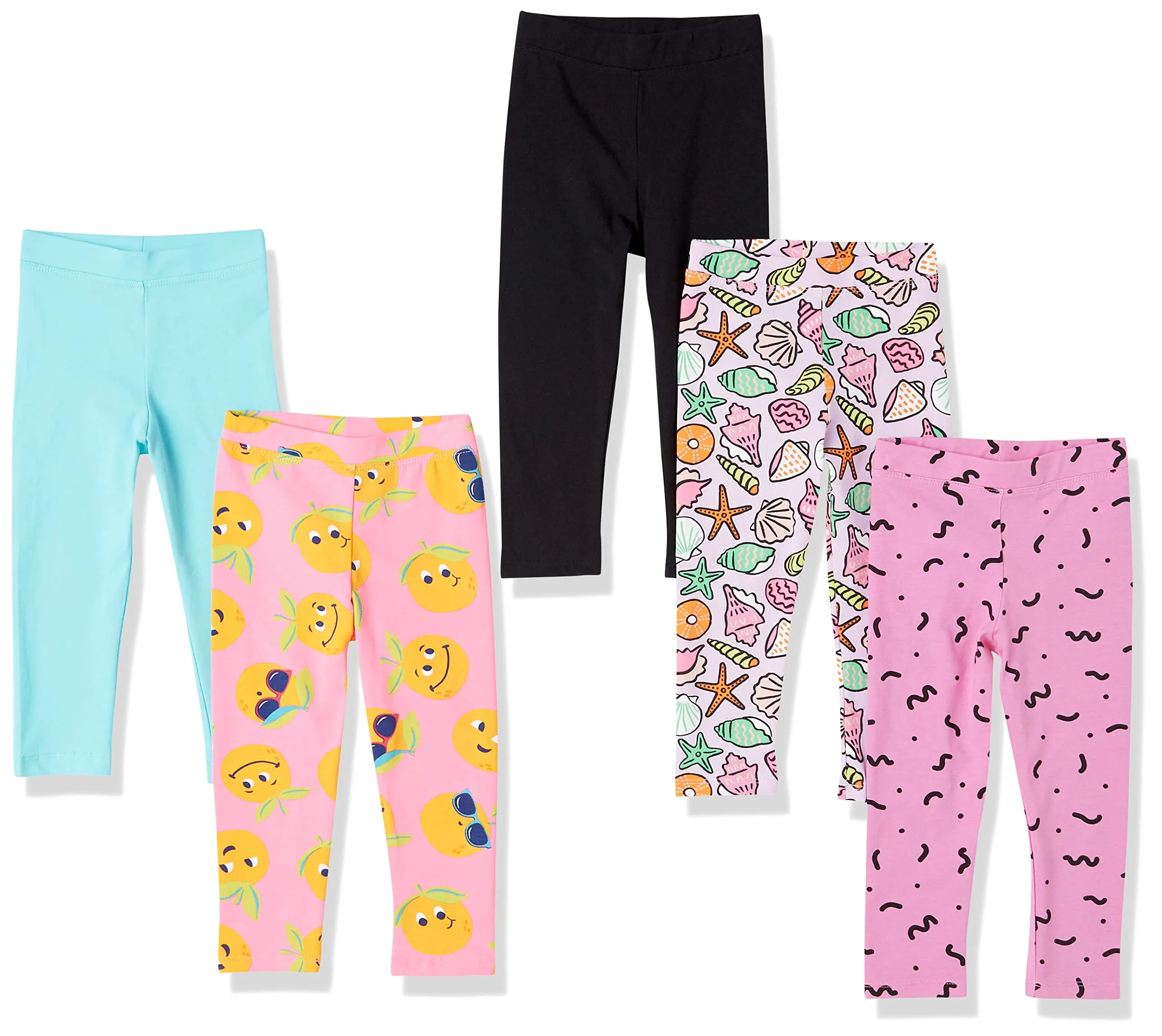 Amazon Essentials Leggings Bambine e Ragazze, Pacco da 5, Blu Acqua/Nero/Porpora Conchiglie/Rosa/Rosa Chiaro Frutta, 2 Anni