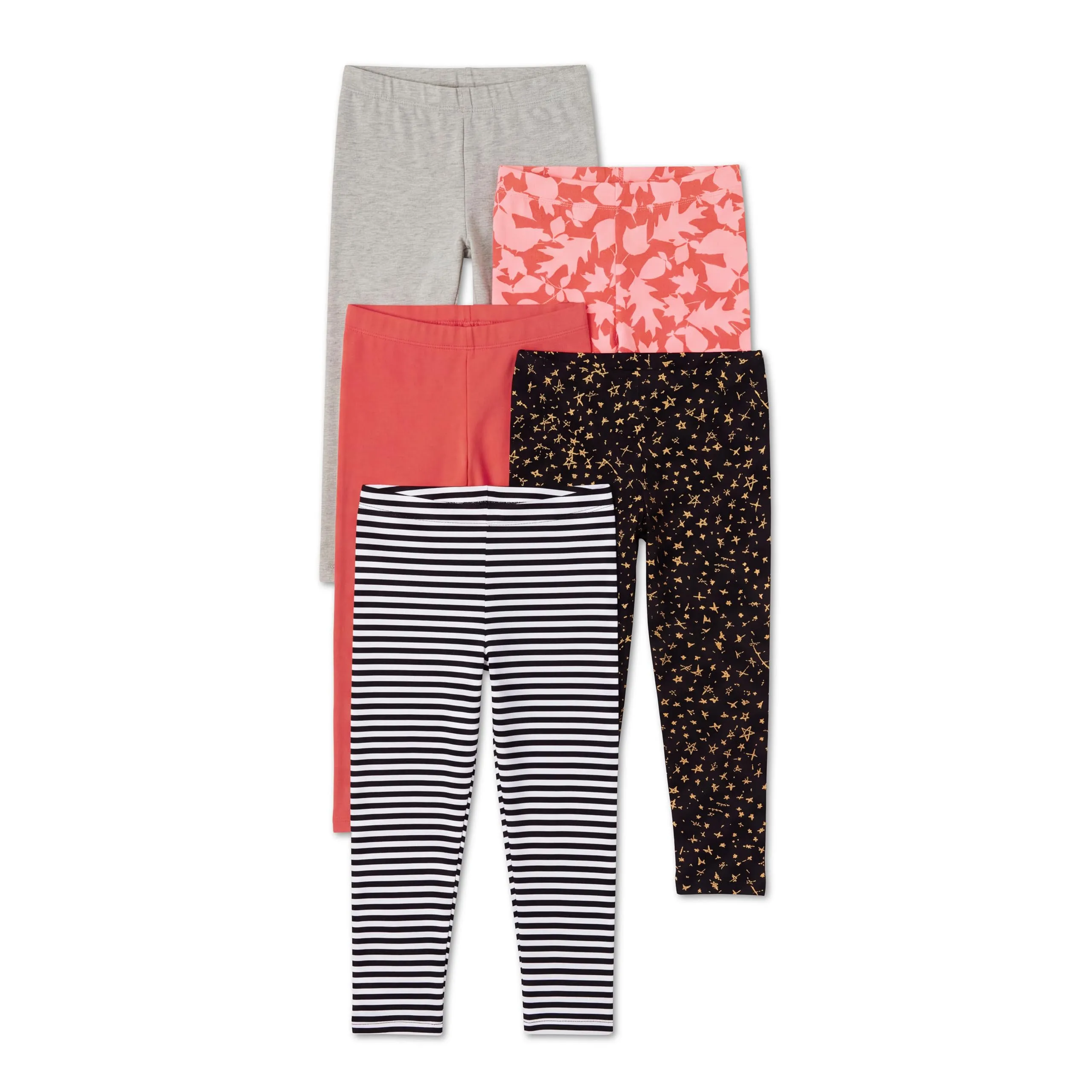 Amazon Essentials Leggings Bambine e Ragazze, Pacco da 5, Arancione/Bianco Righe/Grigio/Nero Stelle/Pesca Stampa Foglie, 2 Anni