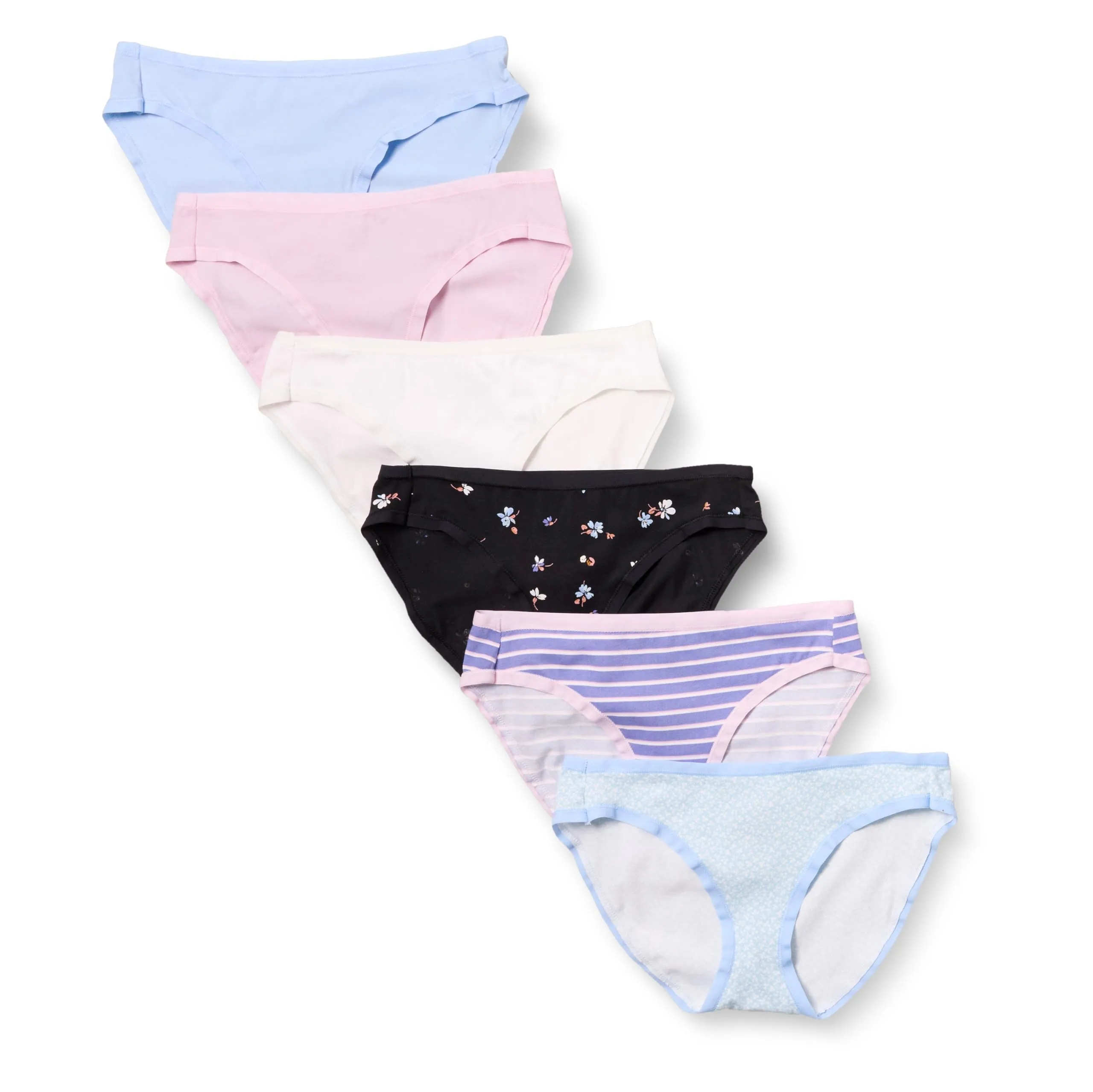 Amazon Essentials Slip Intimi Modello Bikini in Cotone Spandex (Disponibile nelle Taglie Forti) Donna, Confezione da 6, Bianco/Blu/Motivo Floreale Piccolo/Nero Floreale/Righe/Rosa Chiaro, 50