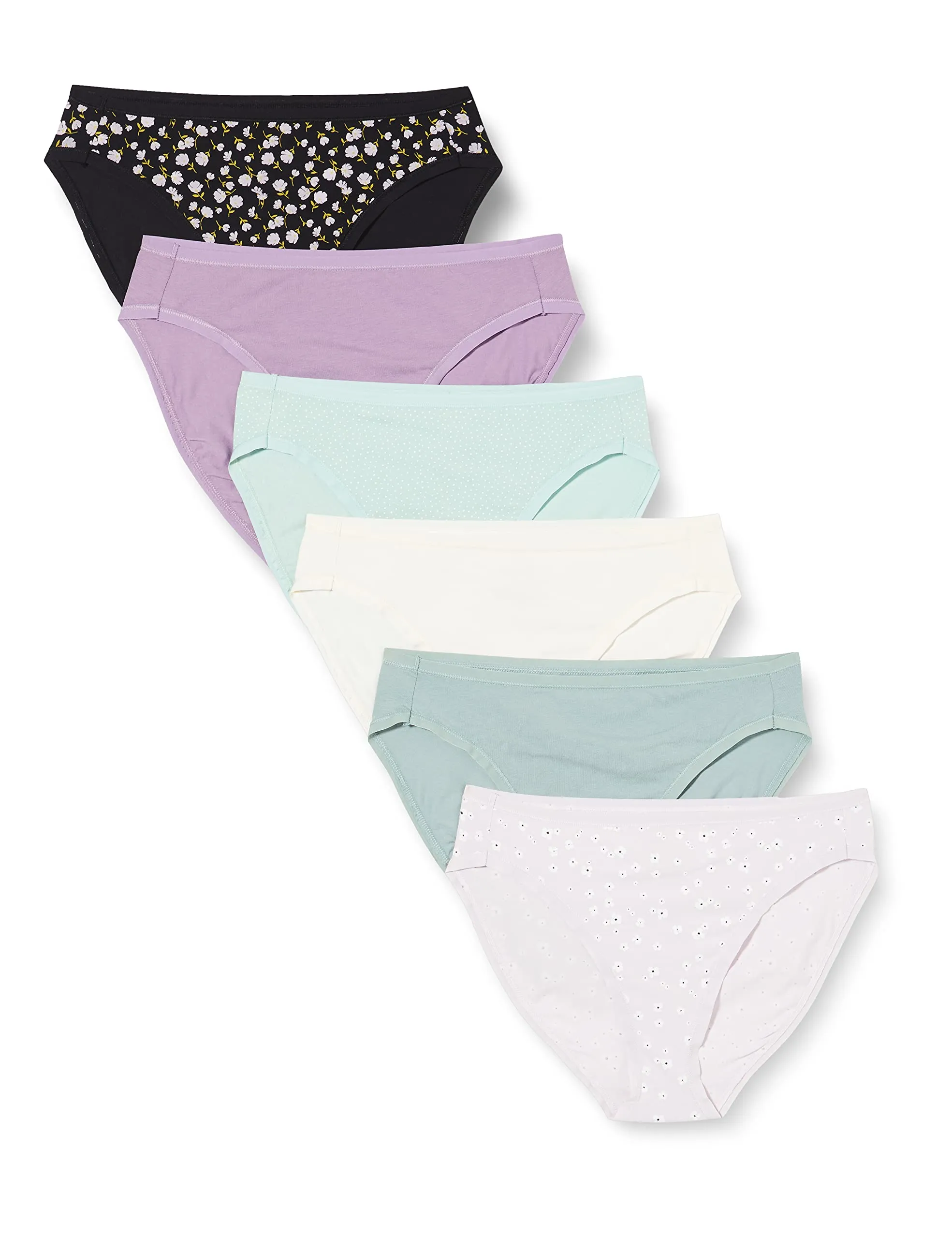 Amazon Essentials Pantaloni a Vita Alta in Cotone Spandex, Traspiranti Donna, Confezione da 6, Motivo Floreale Piccolo/Multicolore/Pois, 48