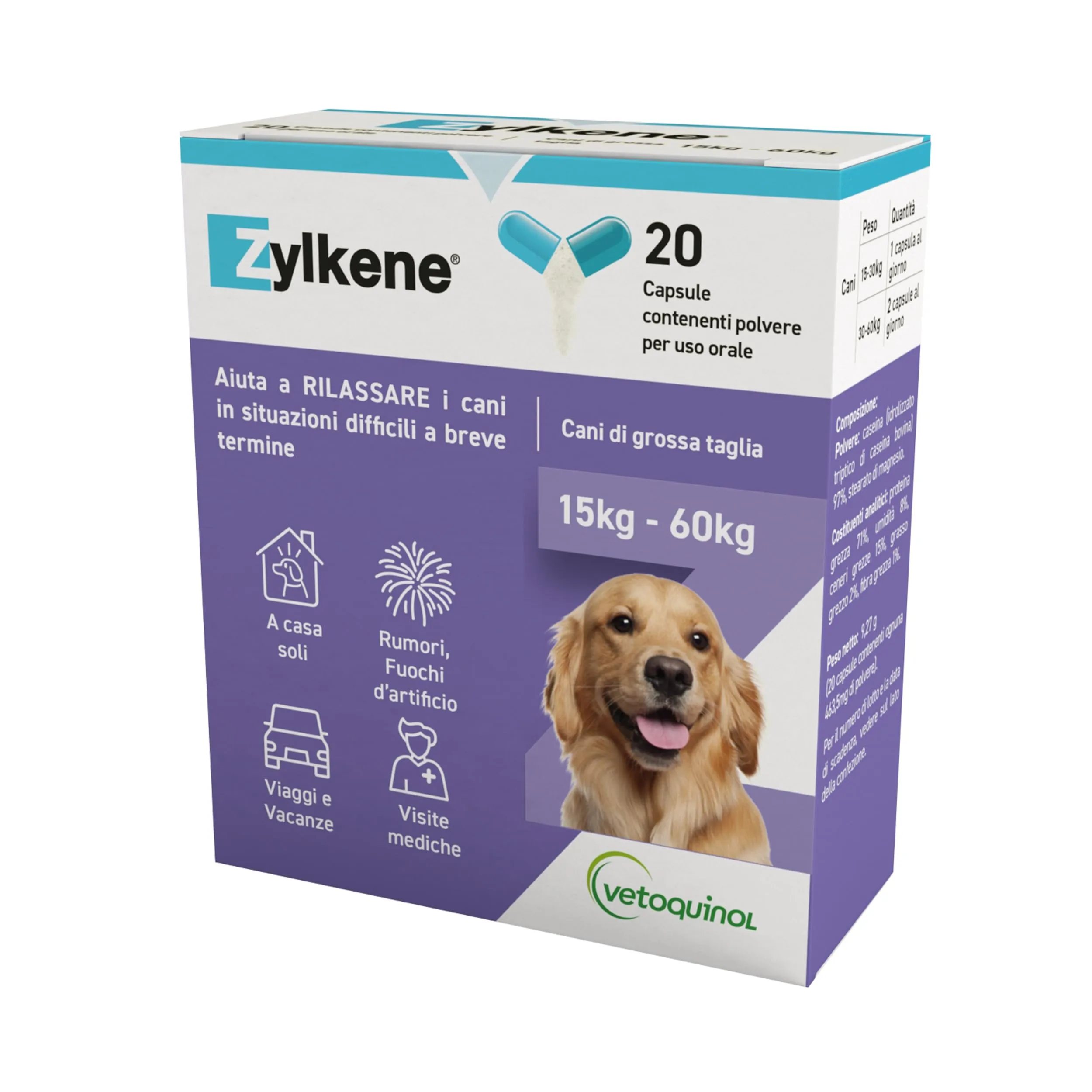 Zylkene Mangime Complementare | Cani di taglia grande (15-60 kg) 450 mg | Promuove il rilassamento nelle situazioni di disagio nel breve termine: Rumori forti, Visite veterinarie | 20 capsule