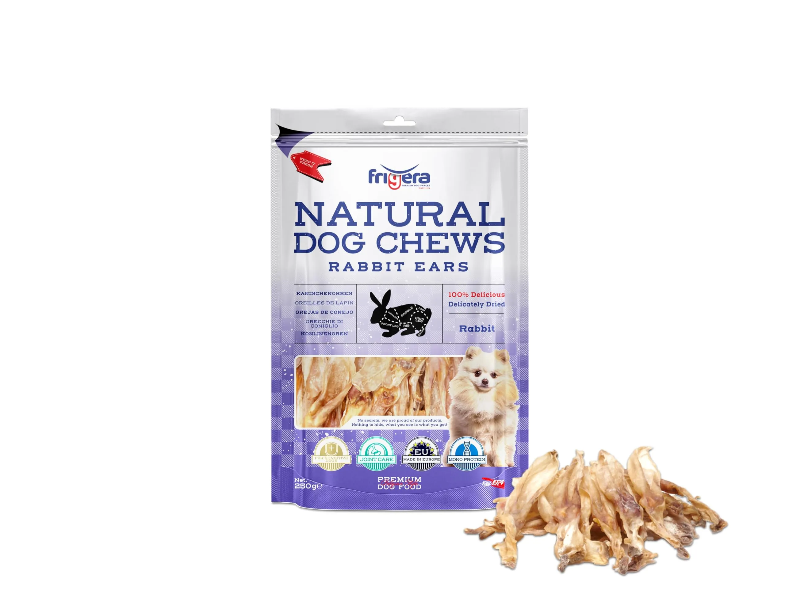 Frigera Orecchie di coniglio, 250 g, naturali ricchi di proteine, per cani, senza glutine e cereali, inodore, supporta una sana digestione.