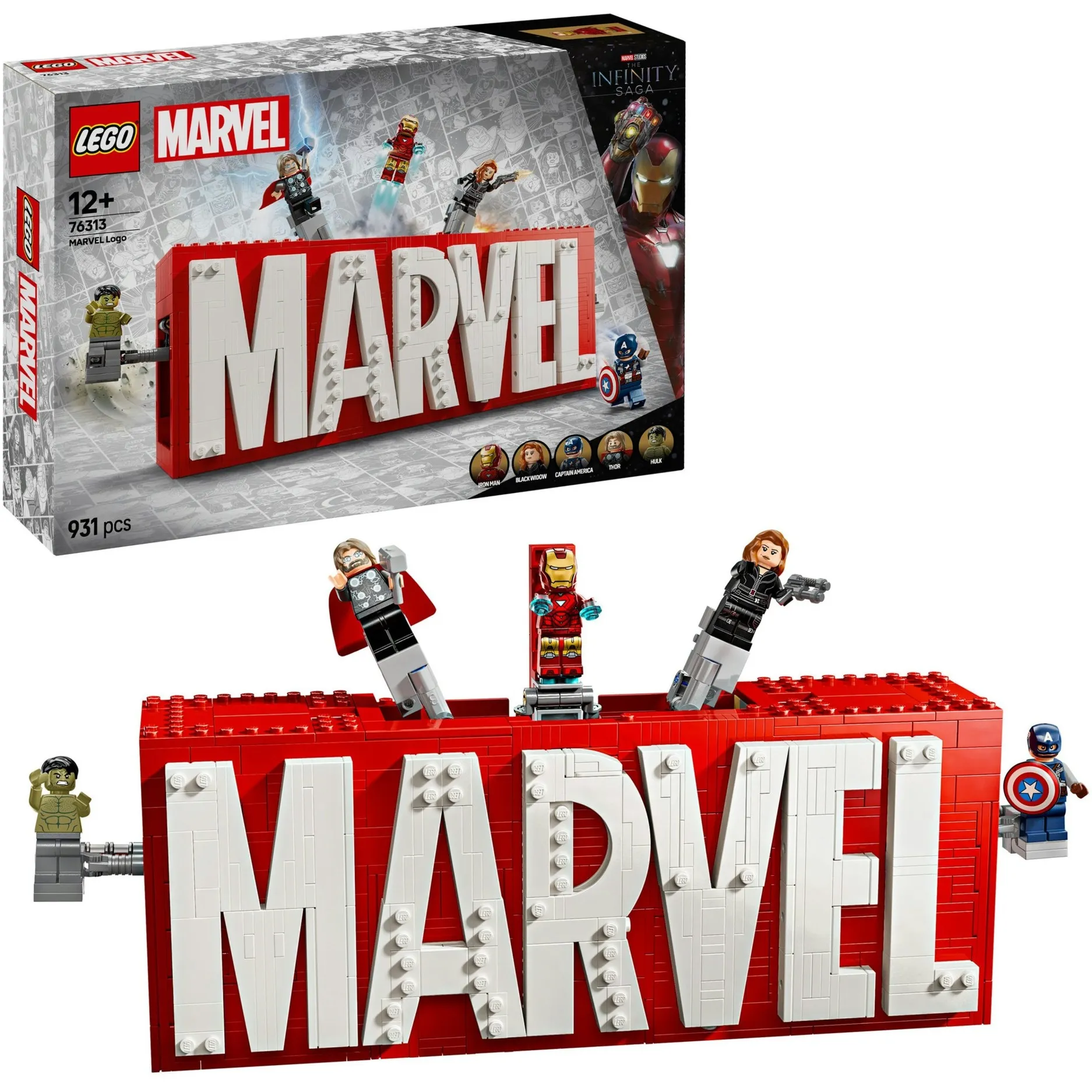 76313 Logo e Minifigure MARVEL con Supereroi di Hulk, Thor, Iron Man, Black Widow e Captain America, Giochi Bambini 12+, Giochi di costruzione